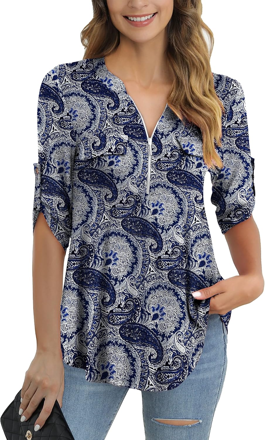 a.Jesdani Women's Plus Size Tops 3/4 Roll Sleeve Shirts V Neck Blouses Tunic Top...