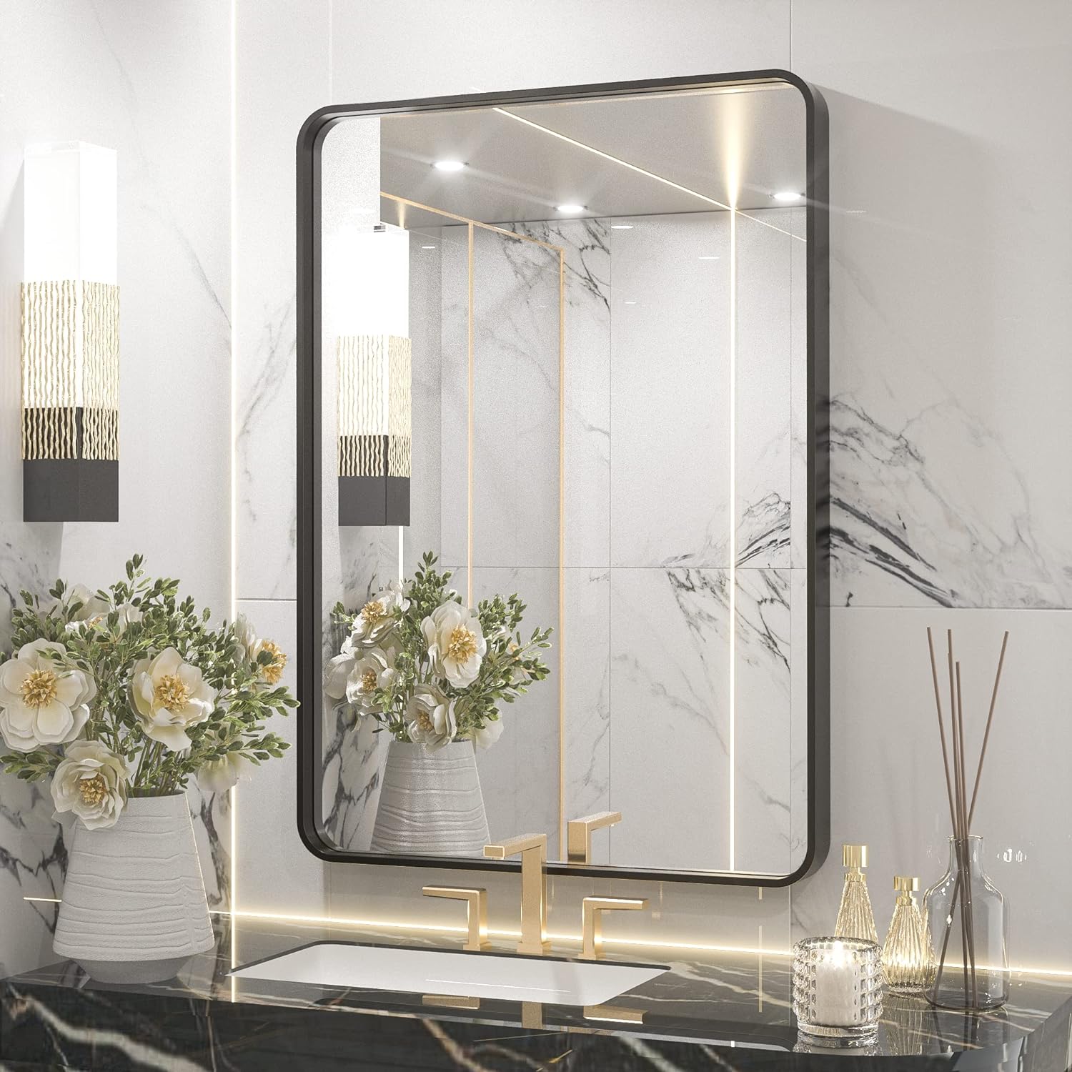 TETOTE Black Framed Mirrors for Bathroom, 2 Inch Thick Frame 22 x 30 Inch Brushe...