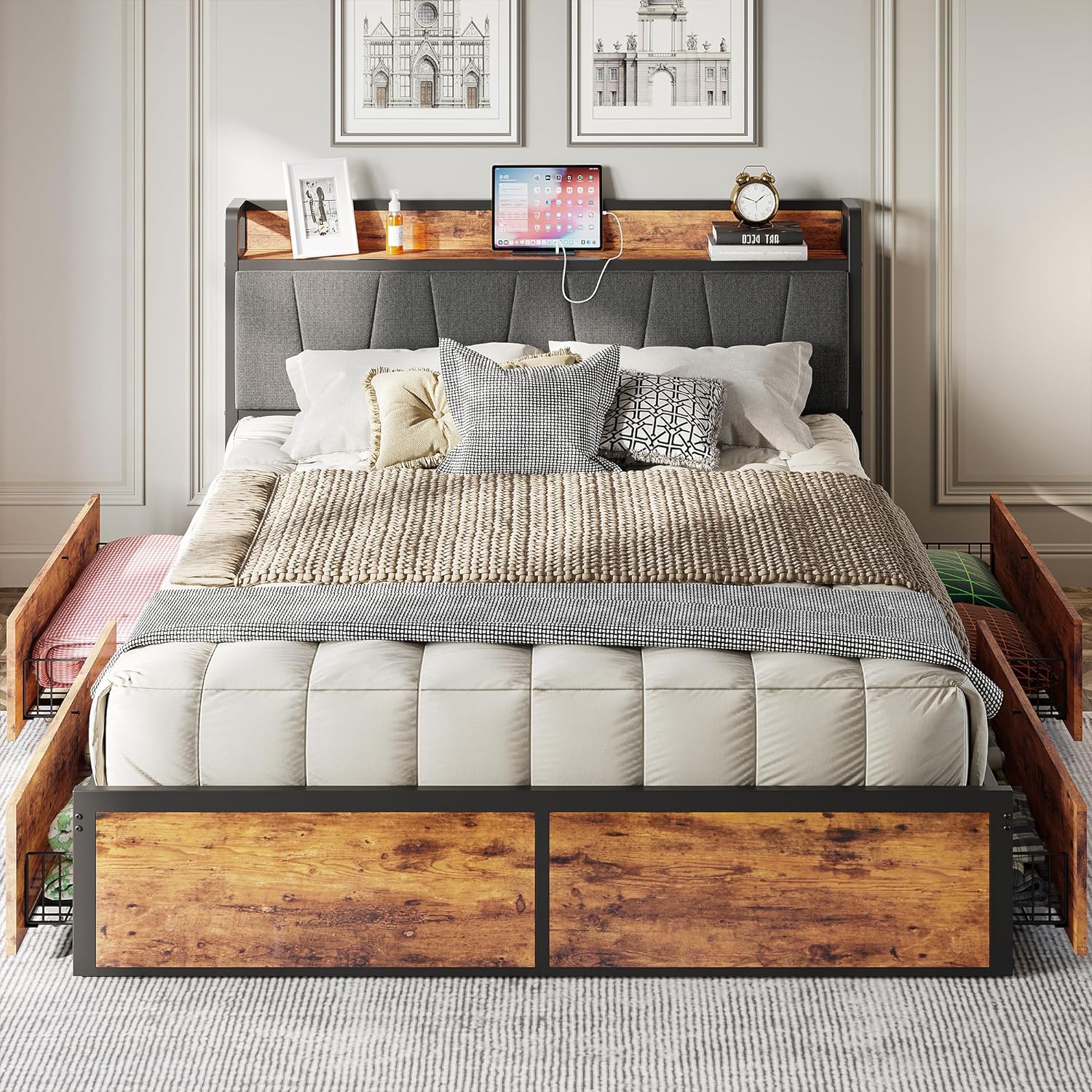 LIKIMIO Queen Bed Frame with Four Storage Drawers, Platform Bed with Charged Hea...