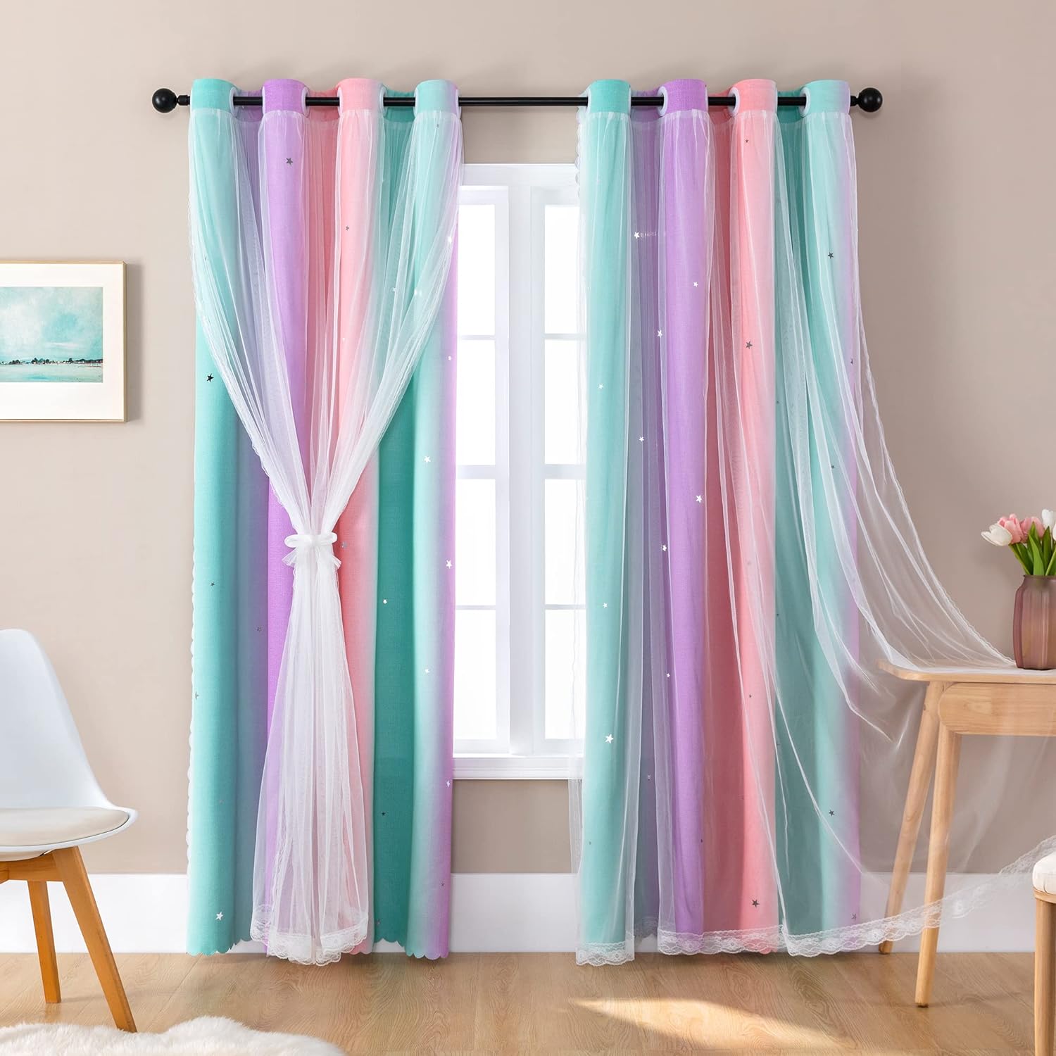 XiDi Dream Star Blackout Curtains for Kids Rooms Girl Princess Curtain for Daugh...