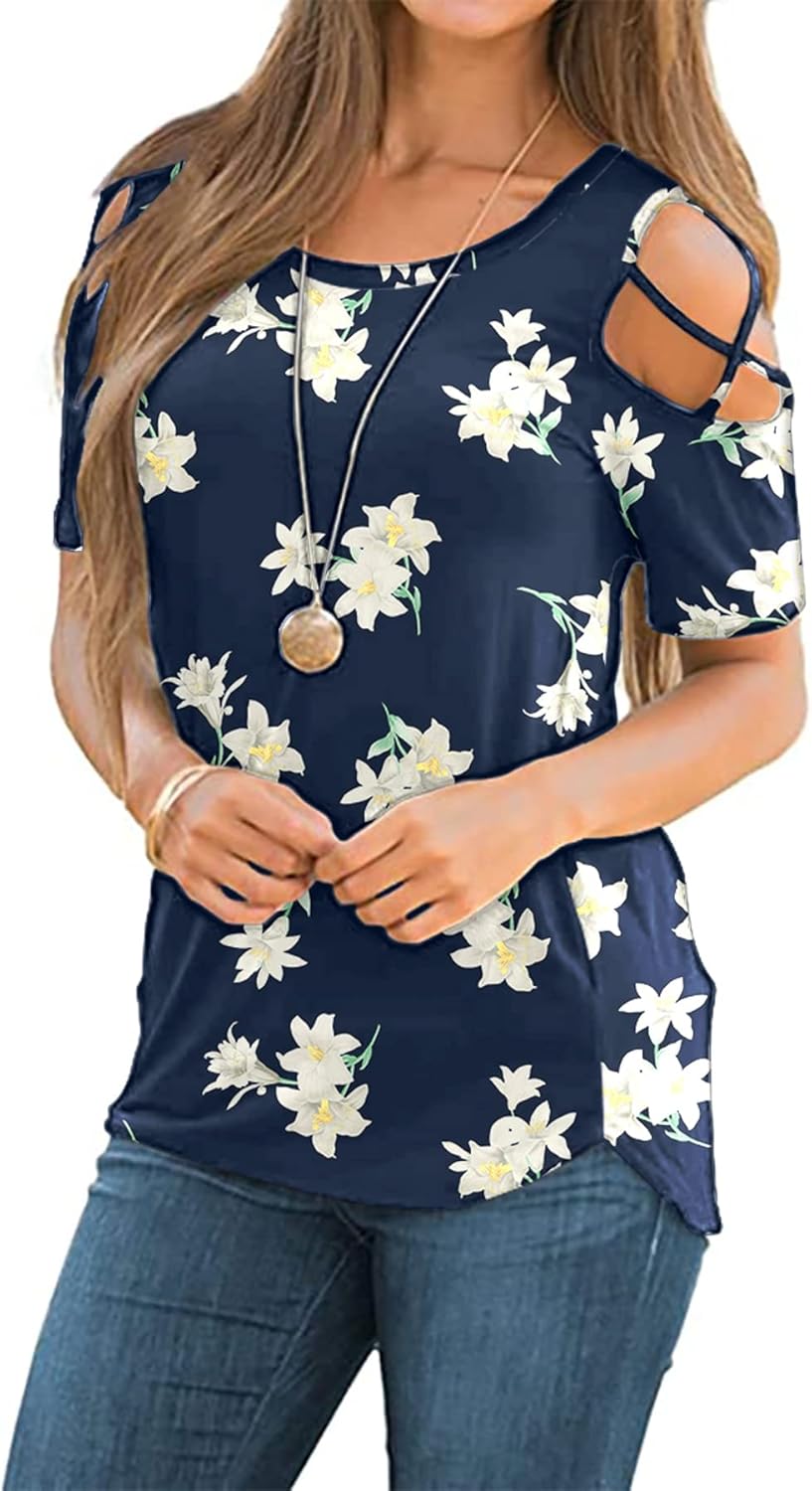 NILOUFO Womens Summer T Shirts Short Sleeve Tunic Strappy Cold Shoulder Tops E:l...
