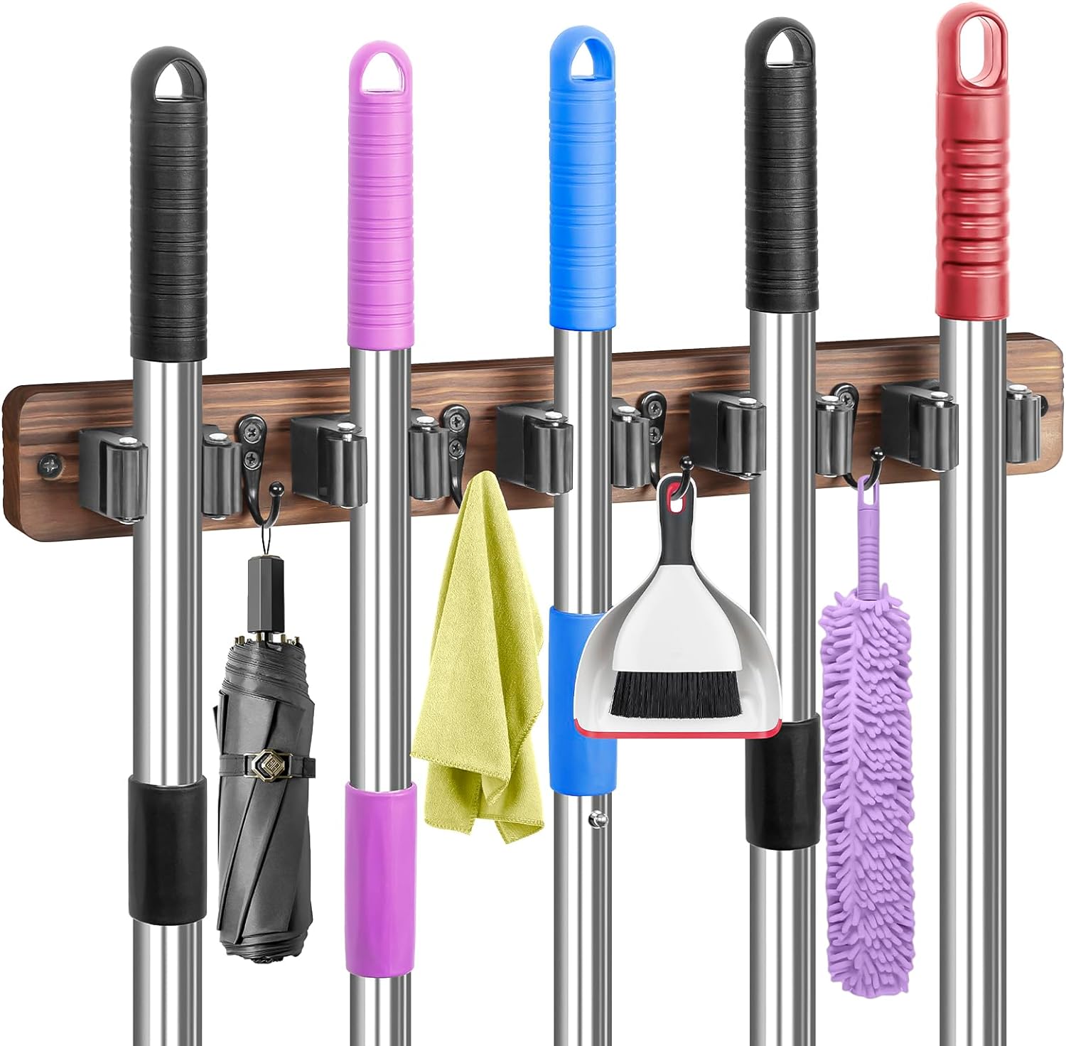 IMILLET Broom Holder Wall Mount, Wood Broom Holder with 5 Racks and 4 Hooks Broo...