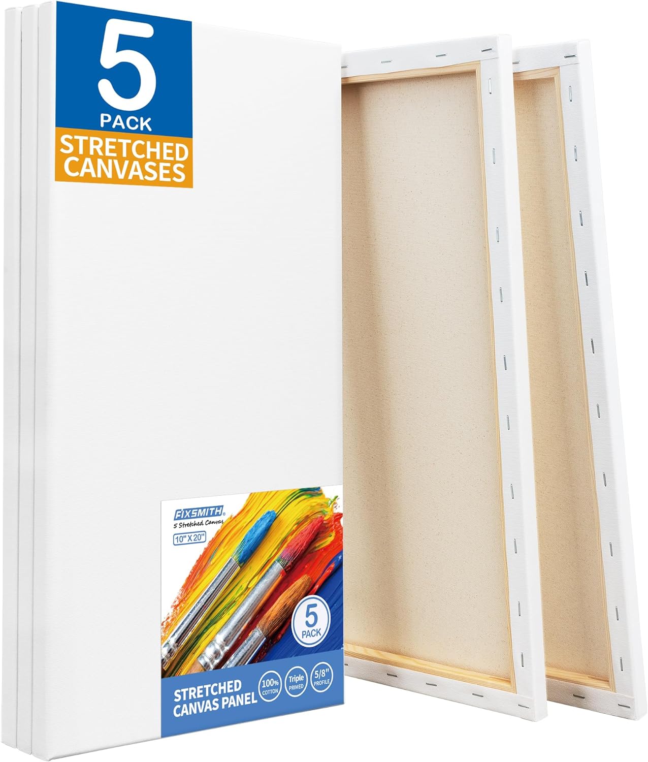 FIXSMITH Stretched White Blank Canvas - 10x20 Inch, 5 Pack,Primed Large Canvas,1...