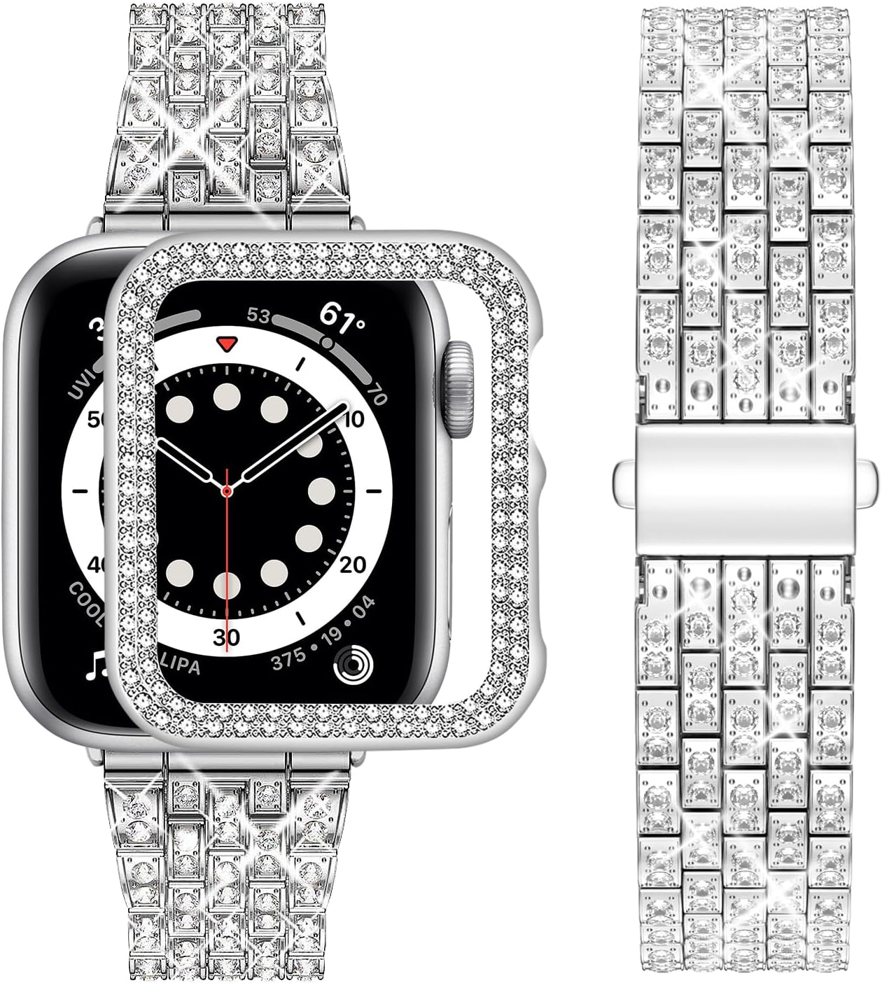 wutwuk Compatible Bling Apple Watch 9 8 7 Straps 41mm with Bling Case, Silver Sp...