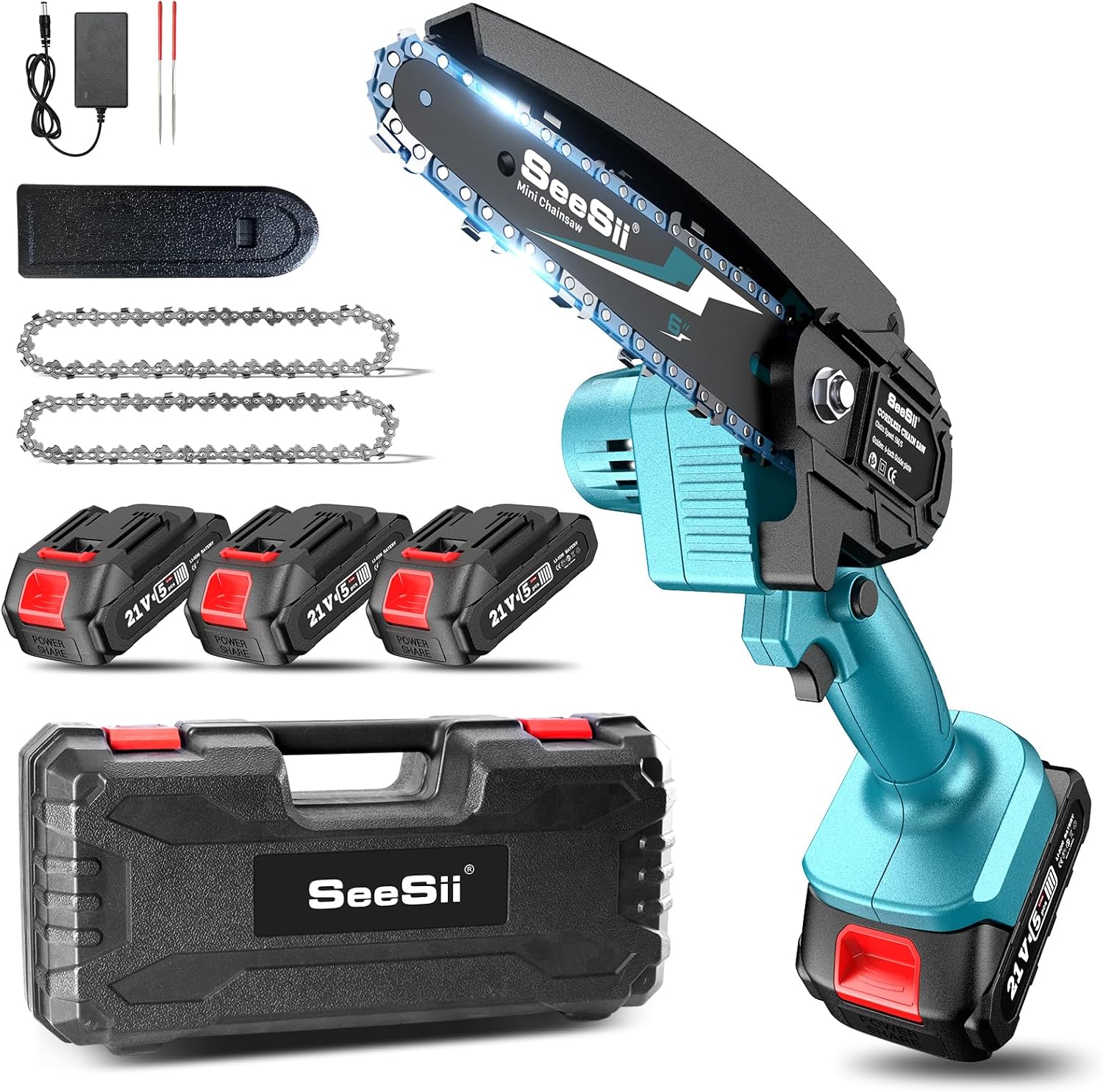 Seesii Mini Chainsaw 6-inch w/3x Big Batteries, Battery Chainsaw 2.62lbs, Mini C...