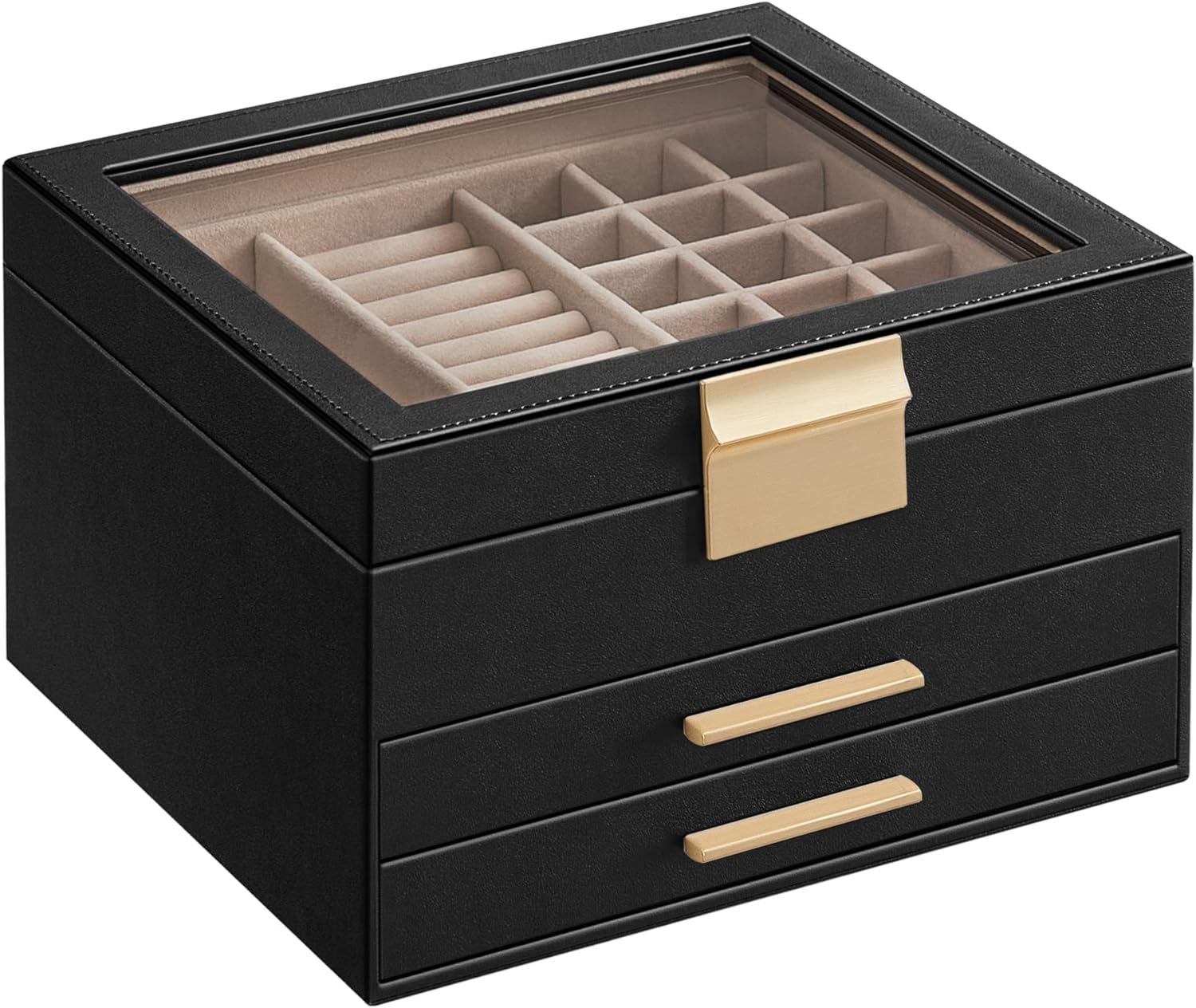 SONGMICS Jewelry Box with Glass Lid, 3-Layer Jewelry Organizer, 2 Drawers, for B...