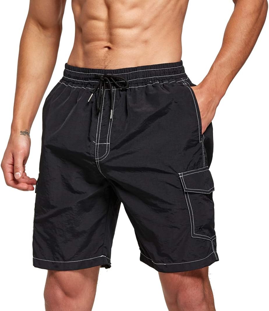 Tansozer Mens Swimming Shorts with Multi-Pockets Swim Trunks Quick Dry 3XL Black
