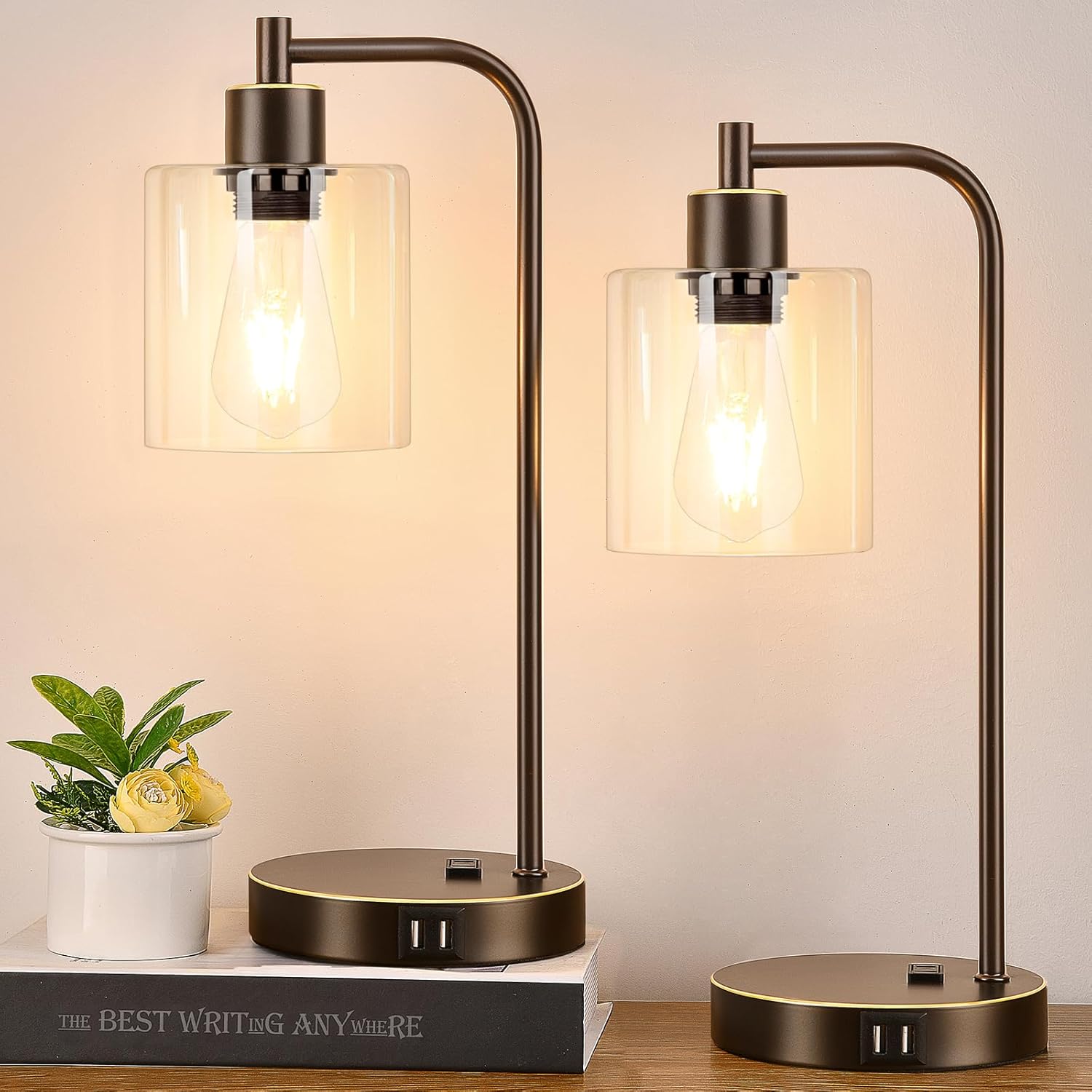 Industrial Touch Table Lamps Set of 2 - Bedside Lamps with 2 USB Ports & AC Outl...