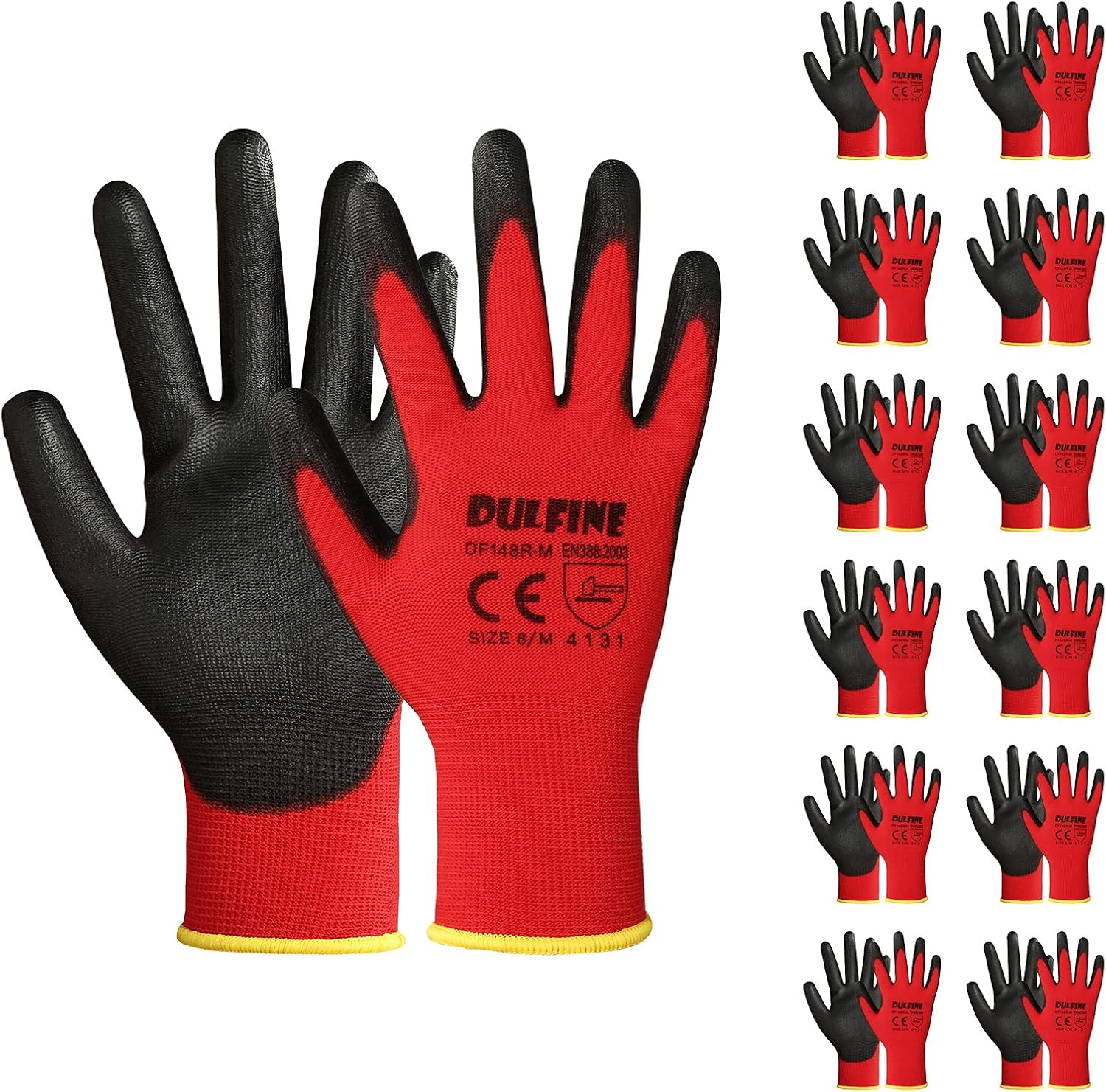 DULFINE Safety Work Gloves PU Coated-12 Pairs,Red Seamless Knit Glove with Polyu...