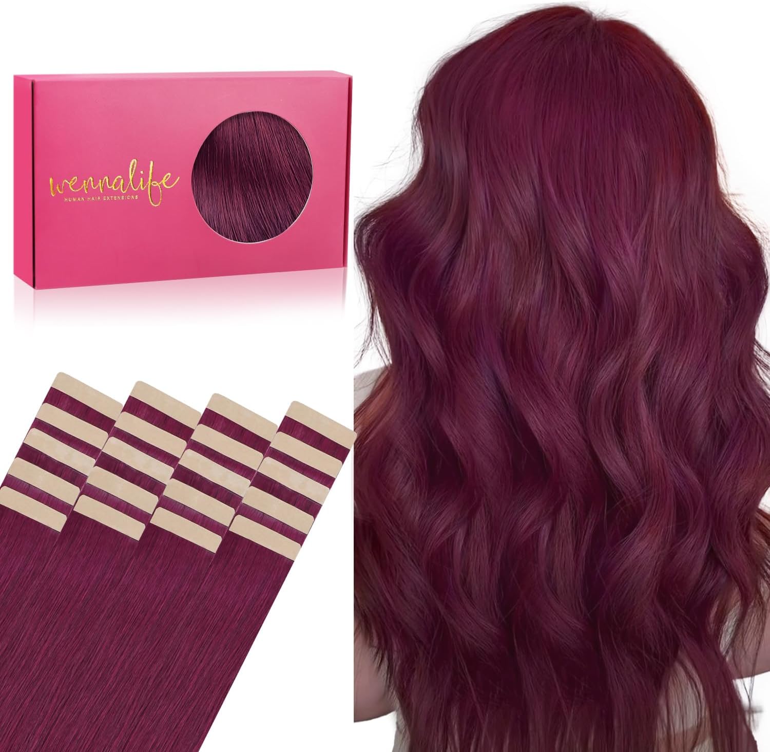 WENNALIFE Tape in Hair Extensions Human Hair, 20pcs 18 inch 0g Light Burgundy Re...