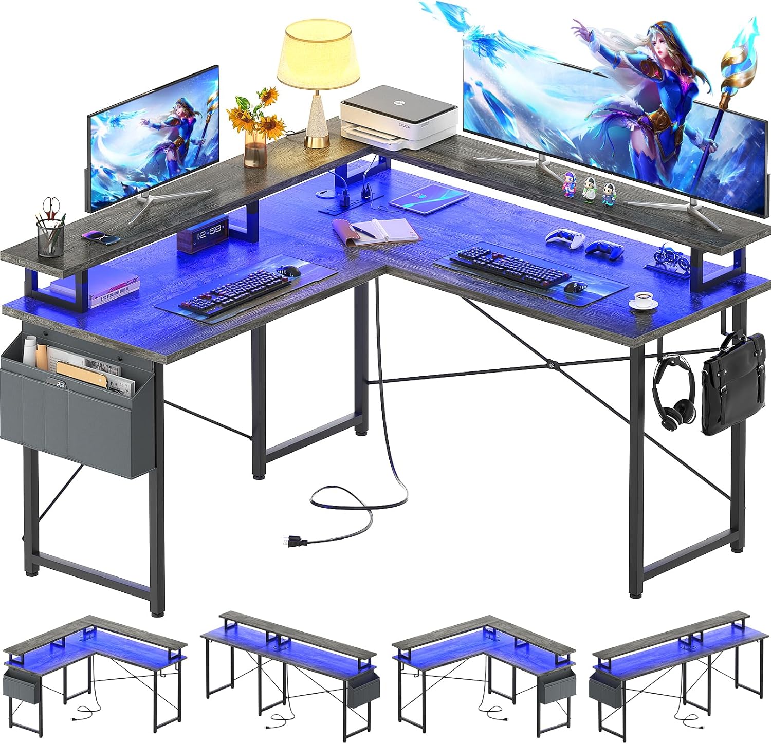 armocity L Shaped Computer Desk with Power Outlets, Gaming Desk L Shaped with LE...