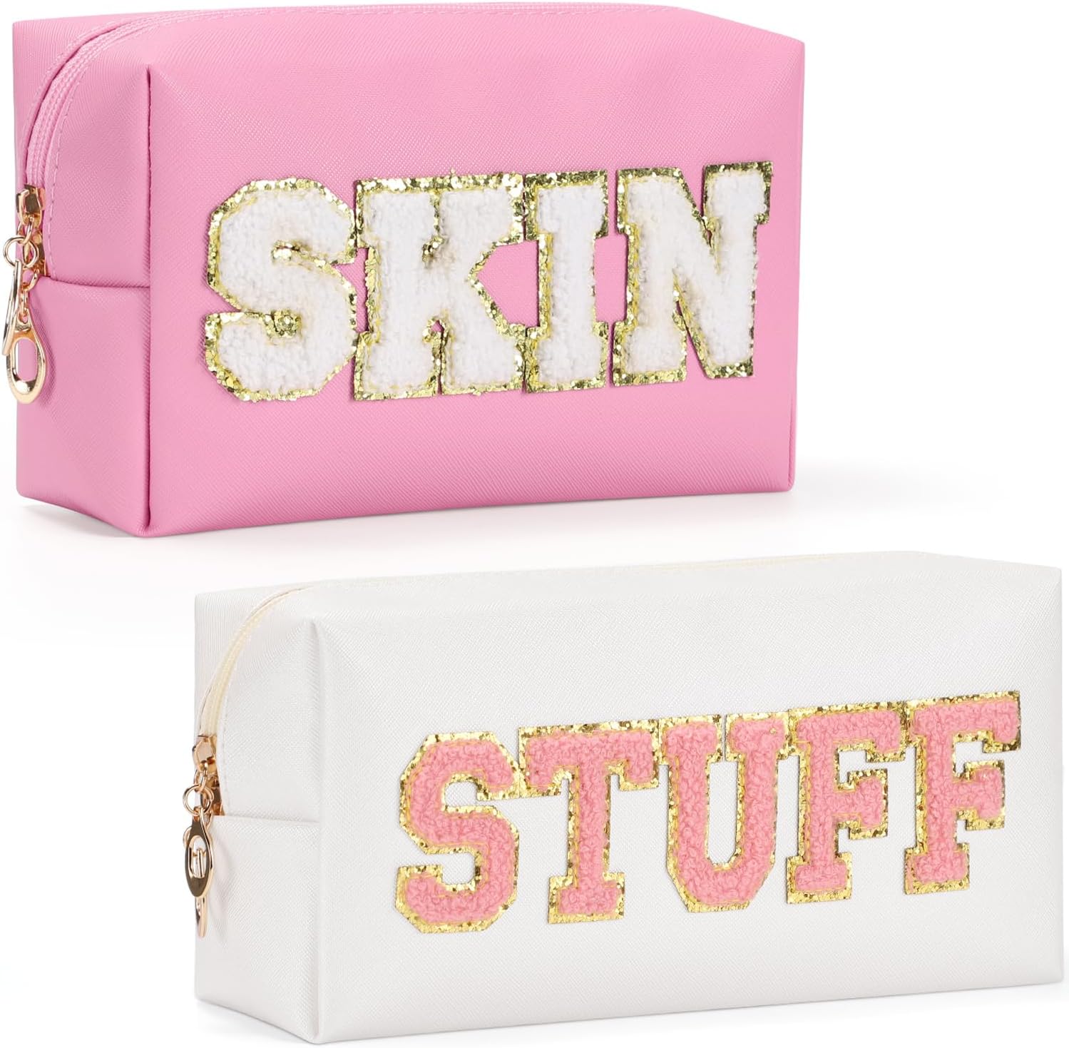 WantGor 2Pcs Cosmetic Toiletry Bags, Preppy Patch Letter Makeup Bag Large Zipper...