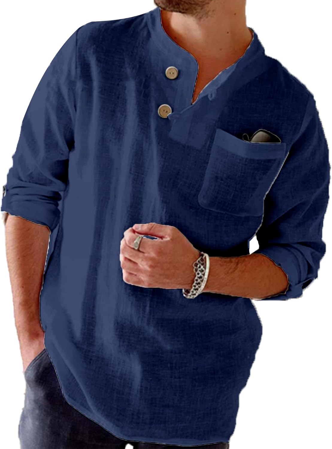 NANAMEEI Mens Cotton Linen Henley Shirt Roll Up Mens Linen Shirt Grandad Collar...