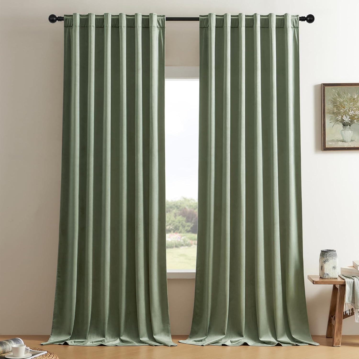 Timeper Sage Green Blackot Velvet Curtains - 90 inches Back Tab Rod Pocket Heavy...