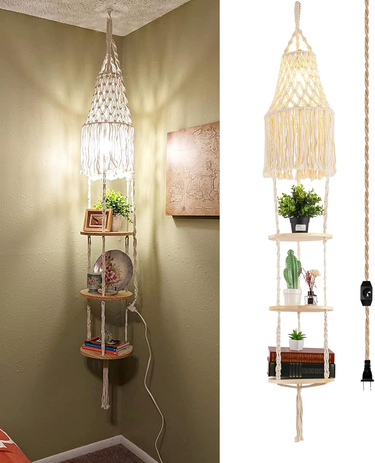 Boho Plug in Pendant Light,Hanging Light with Plug in Cord,Hanging Lamp Macrame...