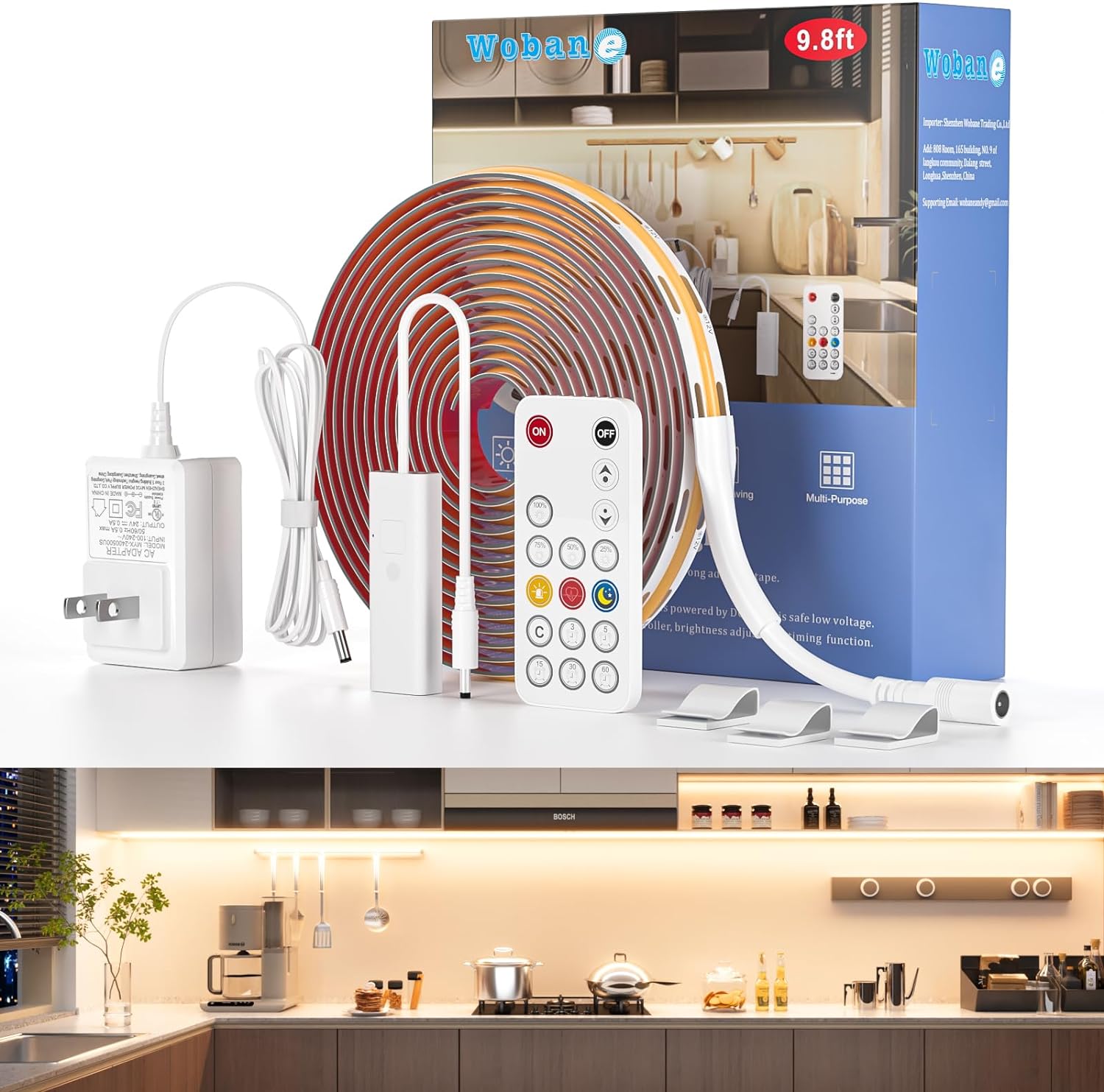 WOBANE Under Cabinet Lighting Kit, 9.8ft COB Light Strip with 24W Adapter,RF Rem...