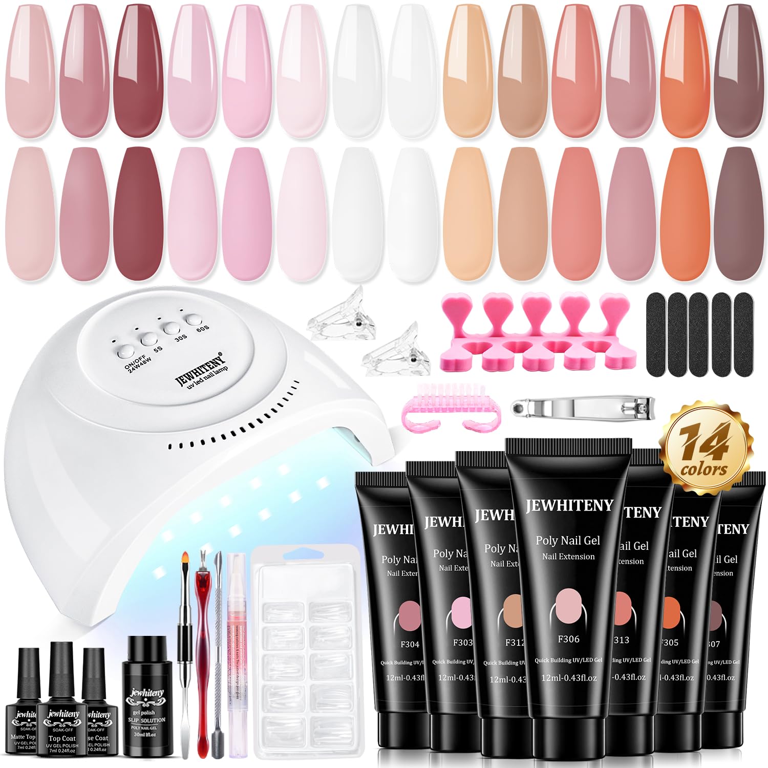 JEWHITENY 14 Colors Nude Pink Skin Tones Poly Extension Gel Kit All in One Kit A...