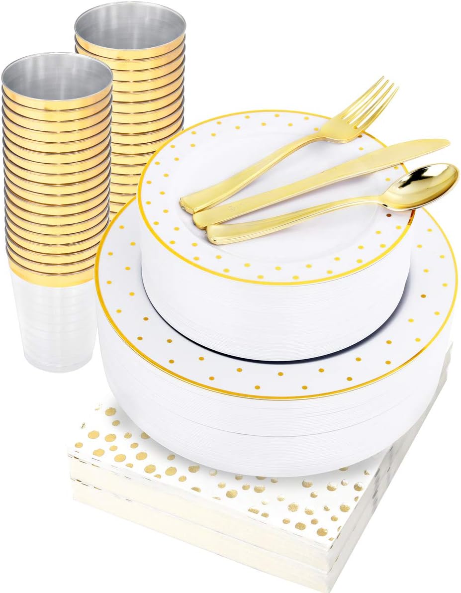 WELLIFE 350 Pcs Gold Dot Plastic Dinnerware, Gold Plastic Plates Set Include: 50...