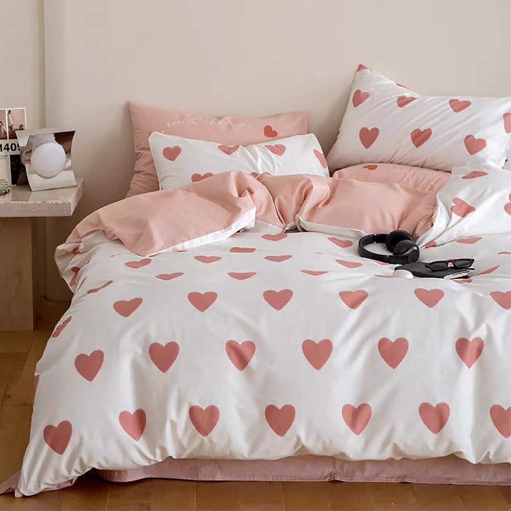 Michorinee Pink and White Heart King Size Duvet Cover Set Aesthetic Pink Love He...