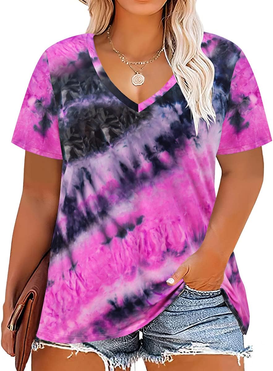 RITERA Women Plus Size Tops Tie Dye V Neck Shirt Floral Camo Summer Short Sleeve...