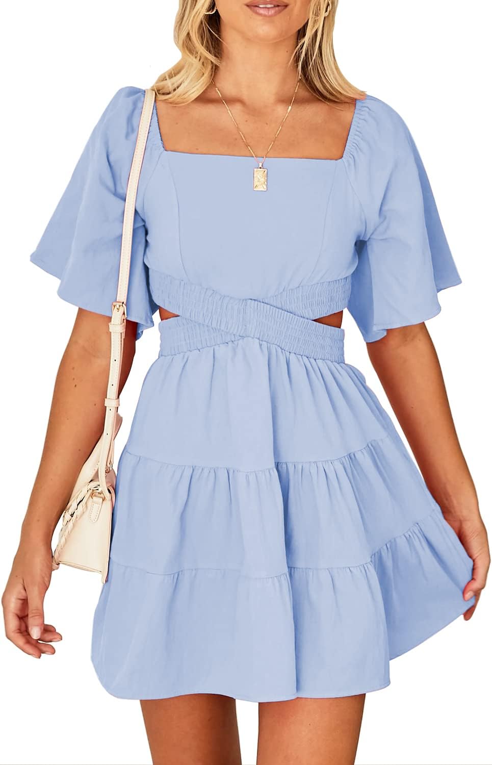 Shy Velvet Women's Summer Dress Square Neck Short Sleeves Crossover Waist Casual...