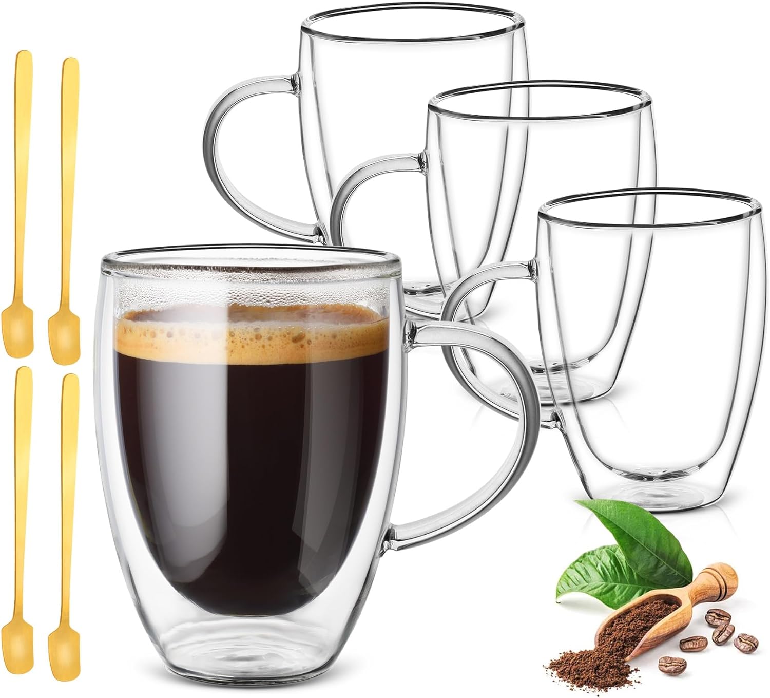 4x350ml Double Walled Glass Coffee Mugs with Handle,Cappuccino Glass Mugs,Insula...