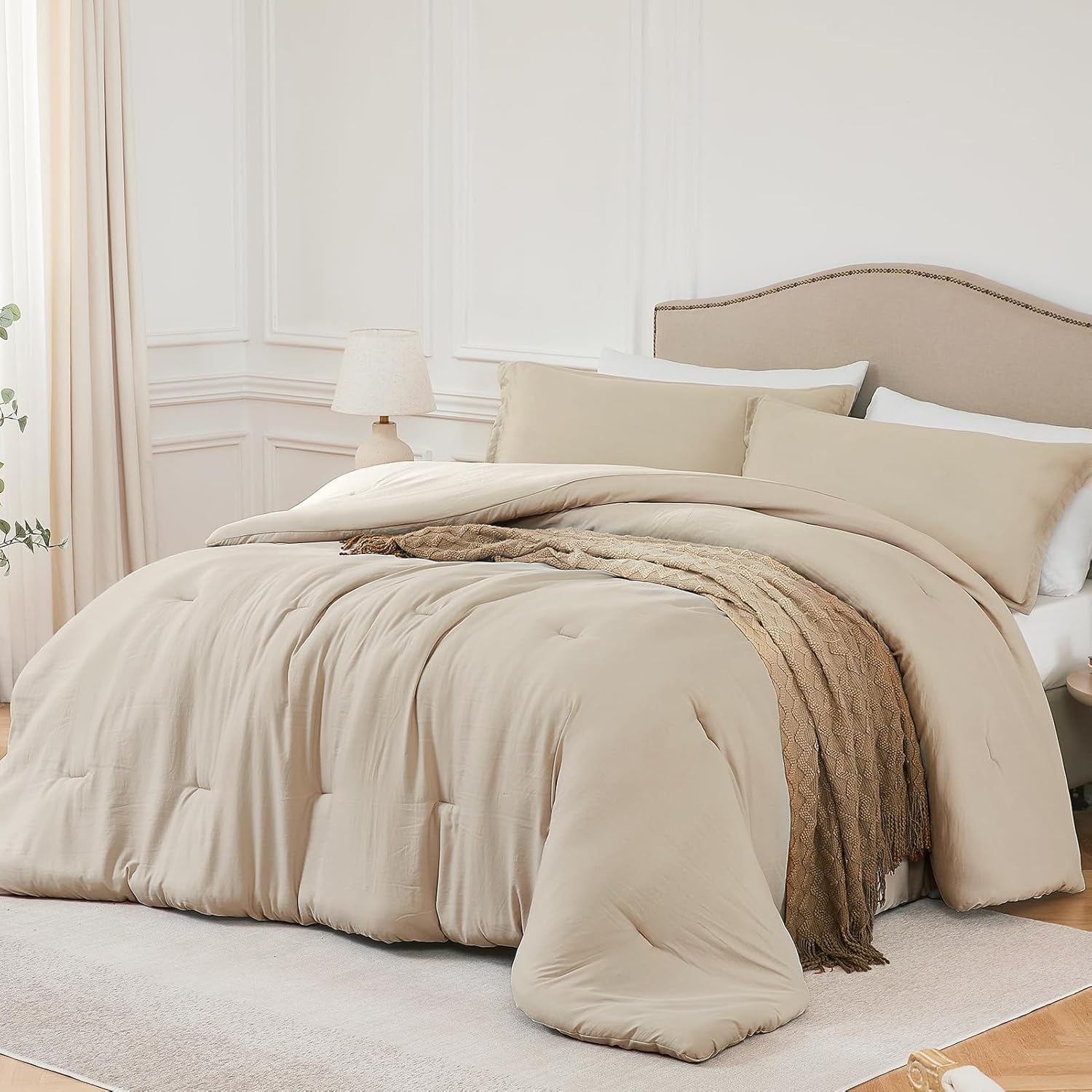 California King Comforter Set Oatmeal,3PCS Soft Lightweight Breathable Bedding C...
