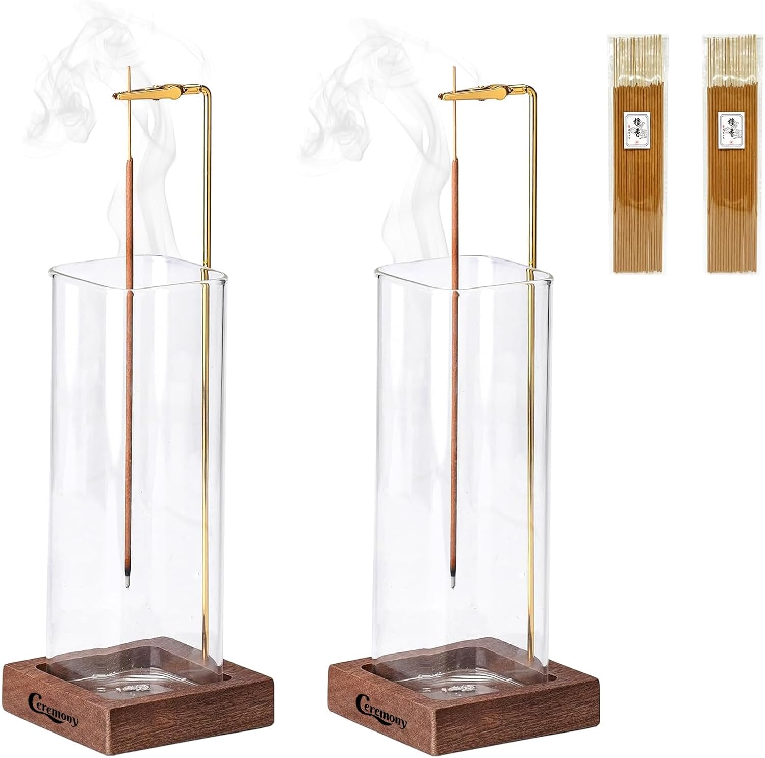 Ceremony Incense Holder，Wood Incense Holder for Sticks with Glass Ash Catcher，...