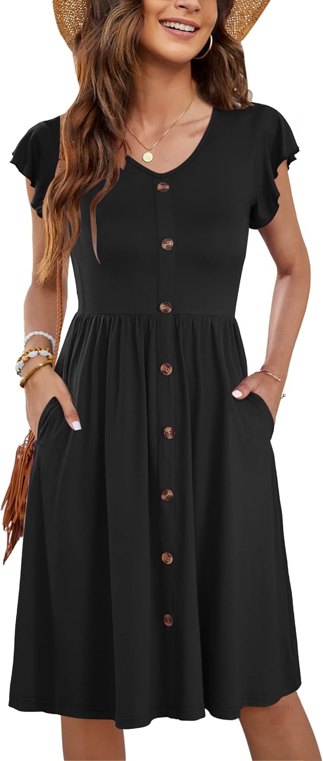 WNEEDU Women Summer Dresses Sleeveless Casual Loose Swing Button Down Midi Dress...