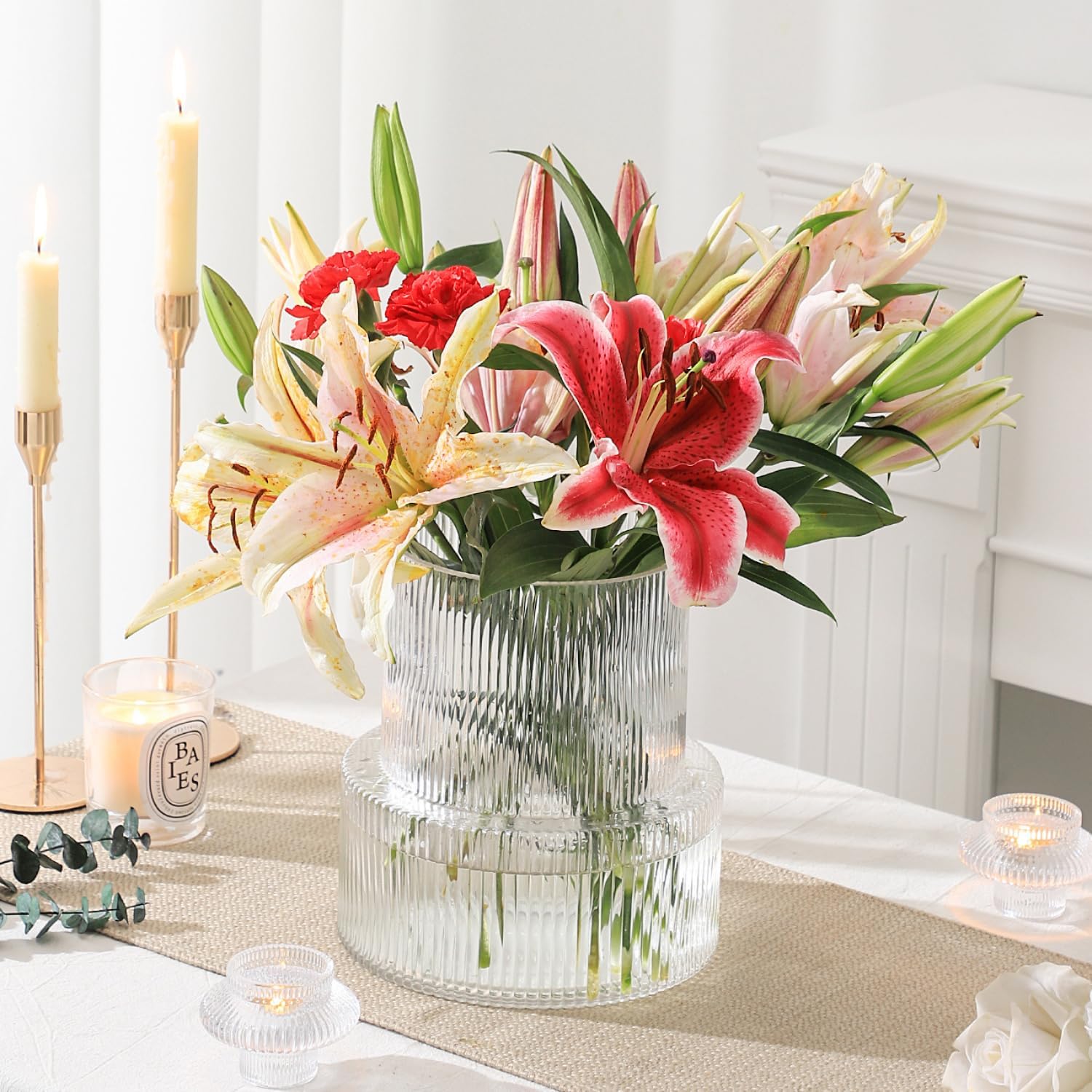 Ribbed Glass Vase, Unique Large Glass Vase for Flowers, Special Fluted Glass Vas...