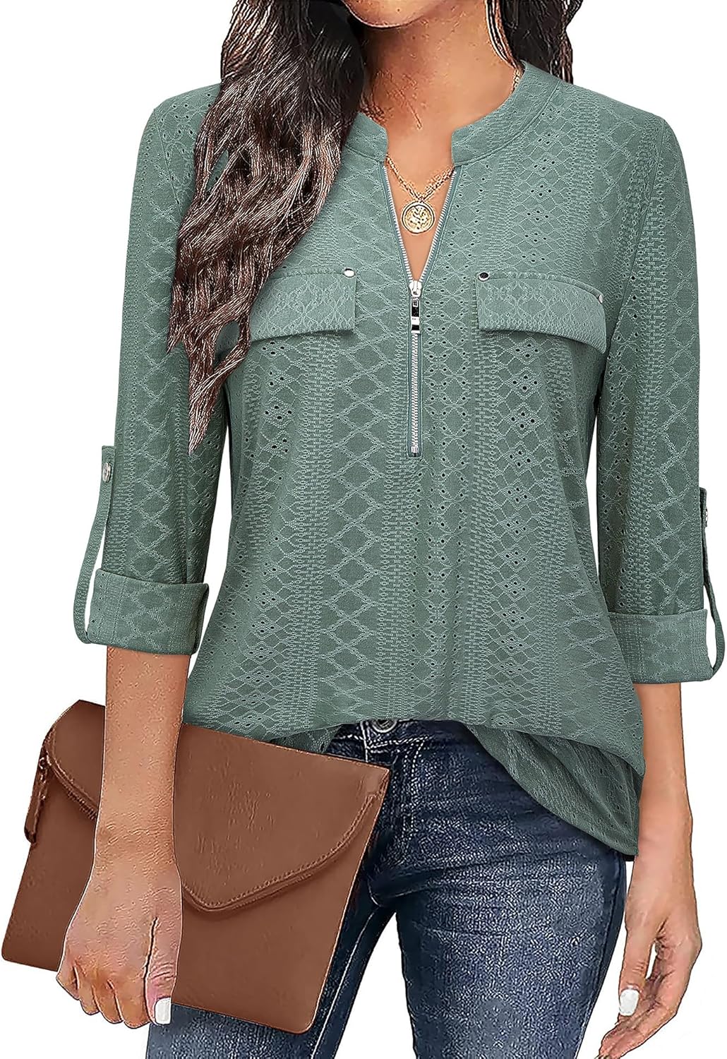 Bulotus Women's Zip Front V-Neck 3/4 Sleeve Tunic Casual Top Pale Green XX-Large