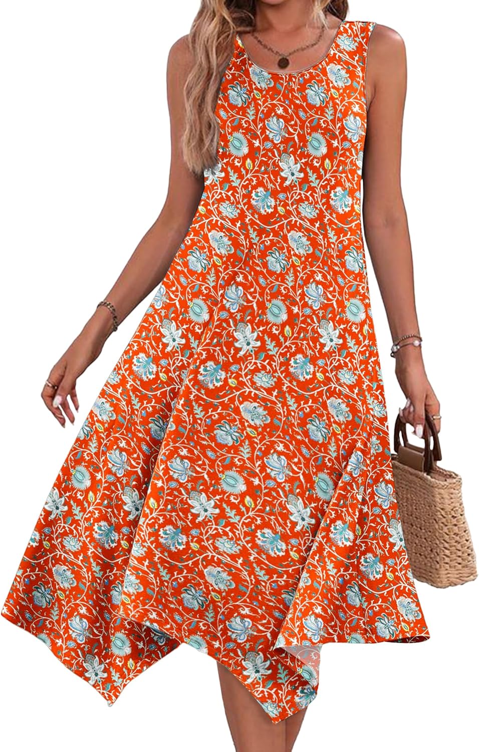 HOTOUCH Women's Casual Summer Dress Sleeveless Sundress Hankerchief Hem Midi Tan...