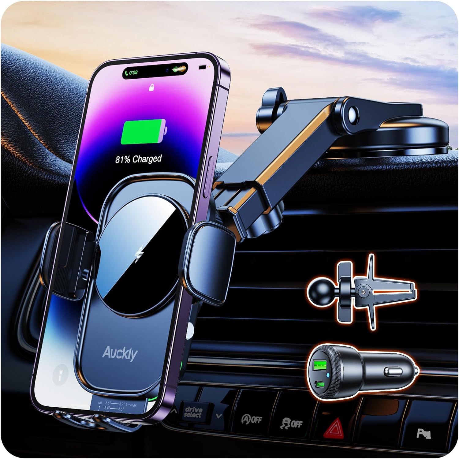 Auckly Car Phone Holder Wireless Charger,【60W PD+QC+Sucker+Clip】 Qi 15W Fast W...