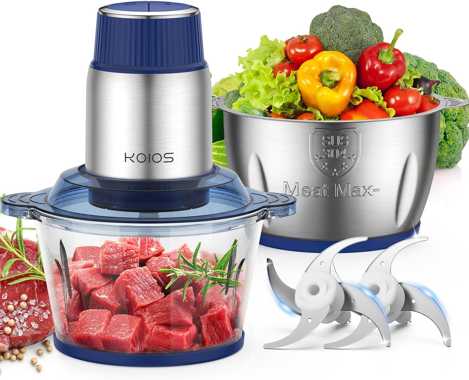KOIOS Small Food Processor with 2 Bowls (8 Cup+8 Cup) & 2 Sets Bi-level Blade, 2...