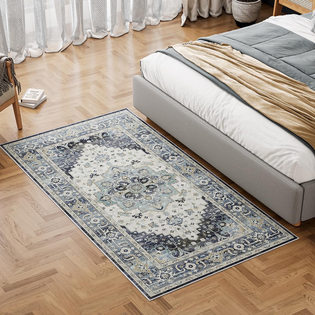 Dripex Washable Bedroom Rug 80x150cm, Navy Blue Vintage Bedside Rug for Bedroom,...