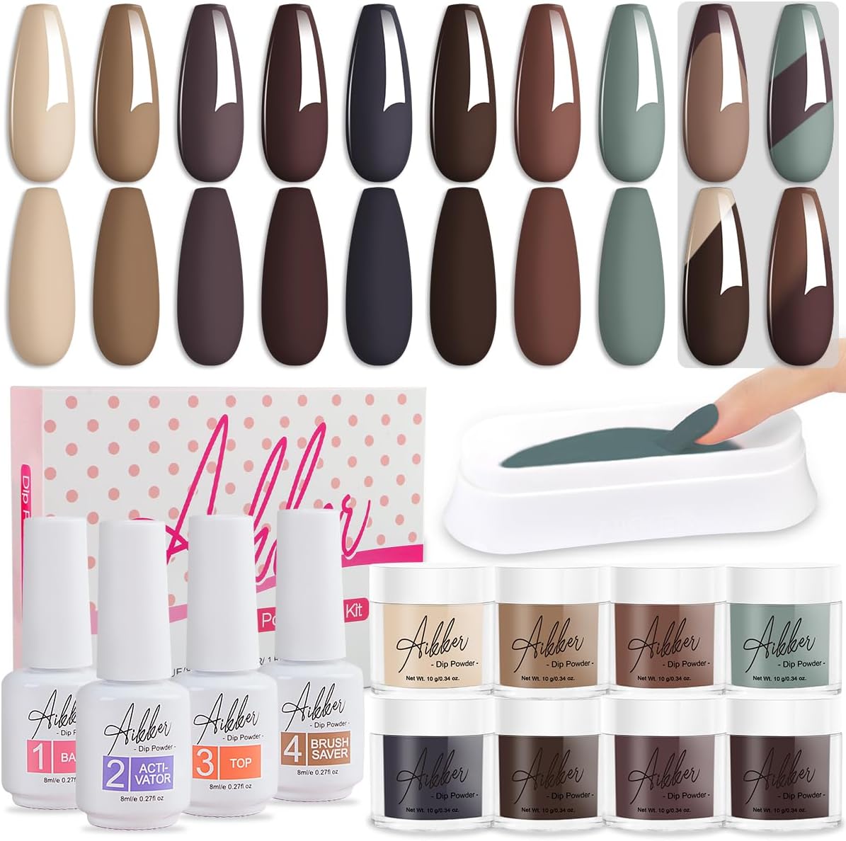 Aikker 13 Pcs Dip Powder Nail Kit 8 Earth Colours Fall Season Quick Dry Dipping...