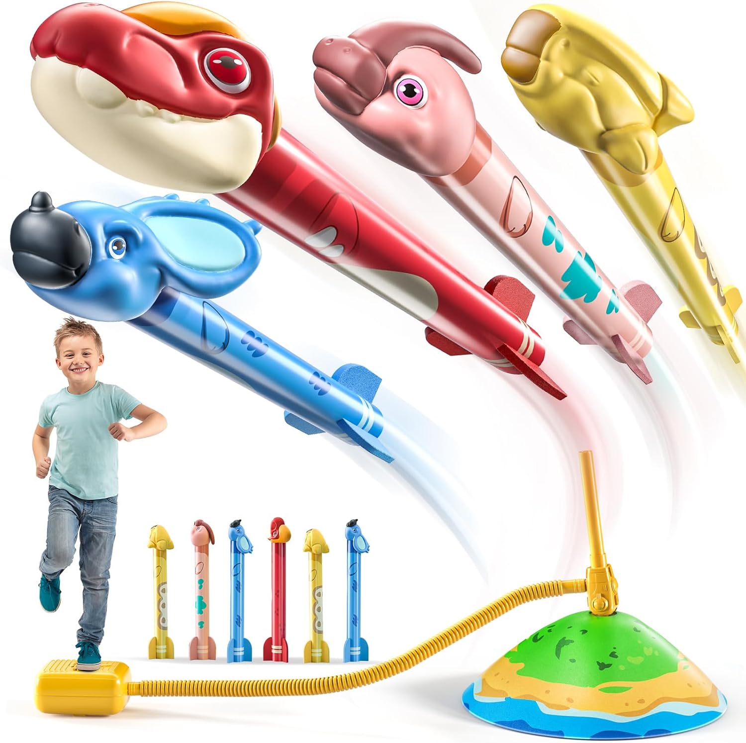 TEMI Dinosaur Rocket Launcher for Kids - 6 Dino Rockets - Launch up to 100 ft, F...