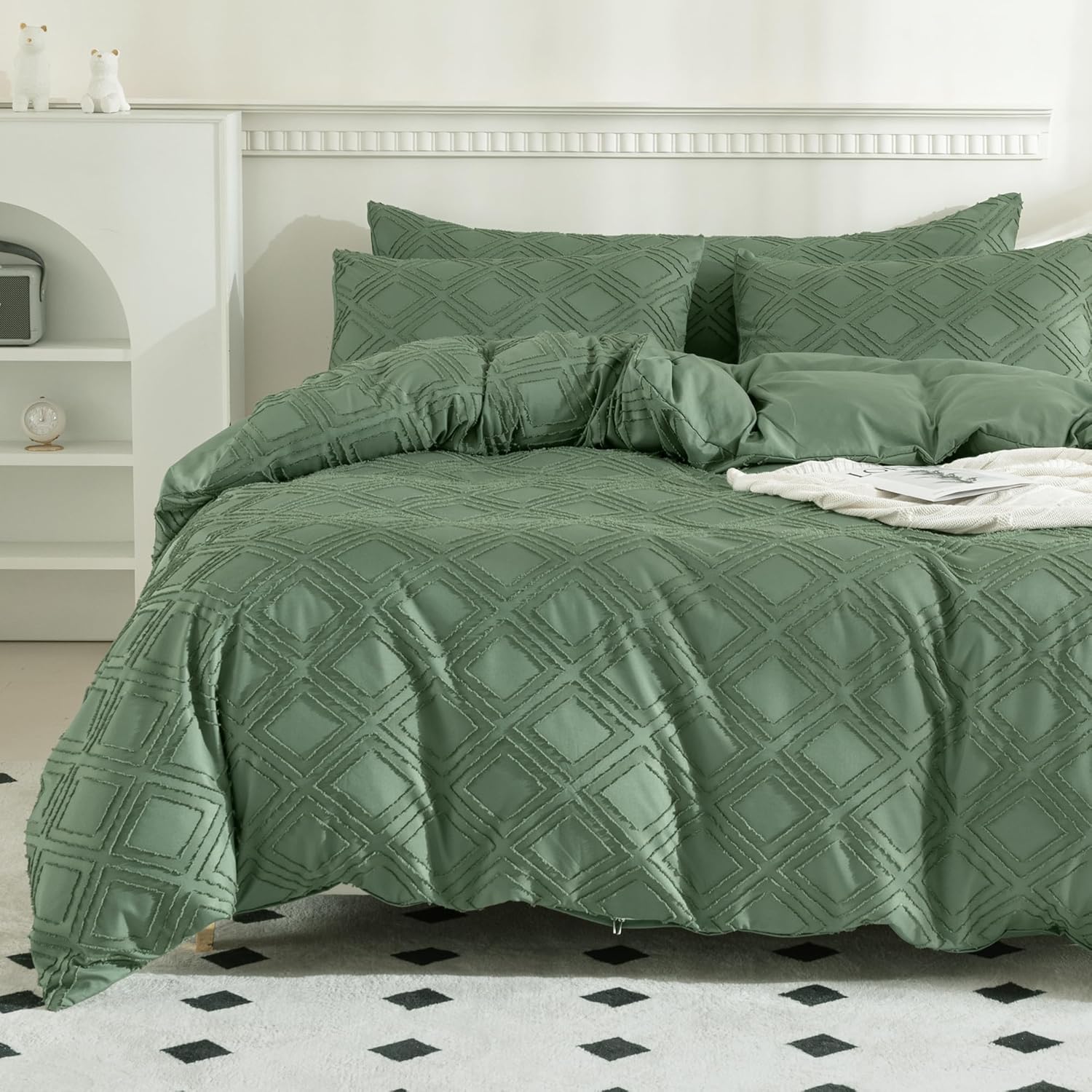 JELLYMONI Green Duvet Cover Set Queen Size - Microfiber Tufted, Boho Textured, J...
