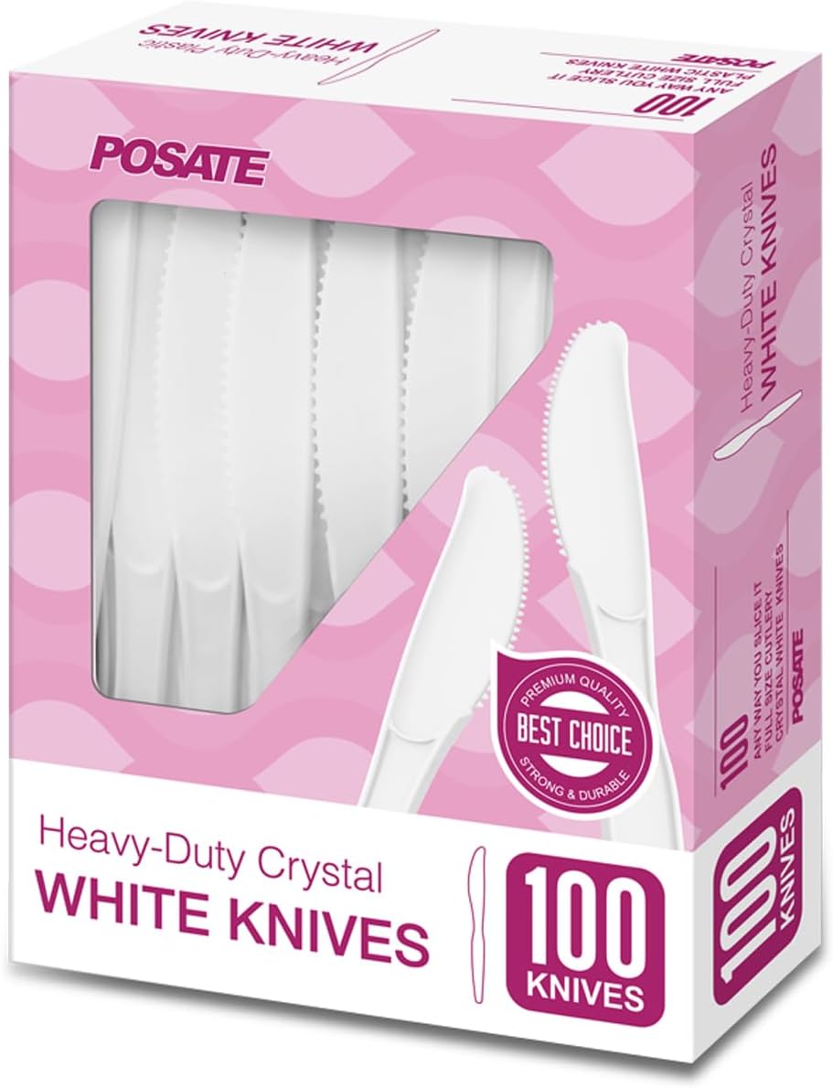 POSATE White Plastic Knives, Heavyweight, 100 Count White Knives