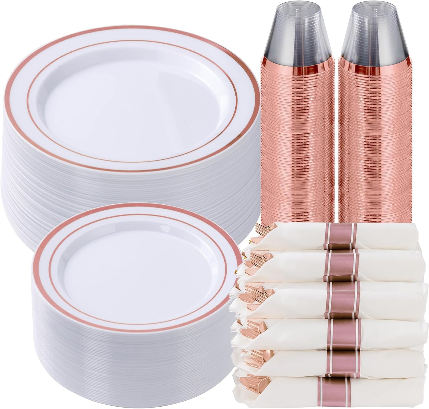 Goodluck 350 Piece Rose Gold Plastic Dinnerware Set for 50 Guests, Fancy Disposa...