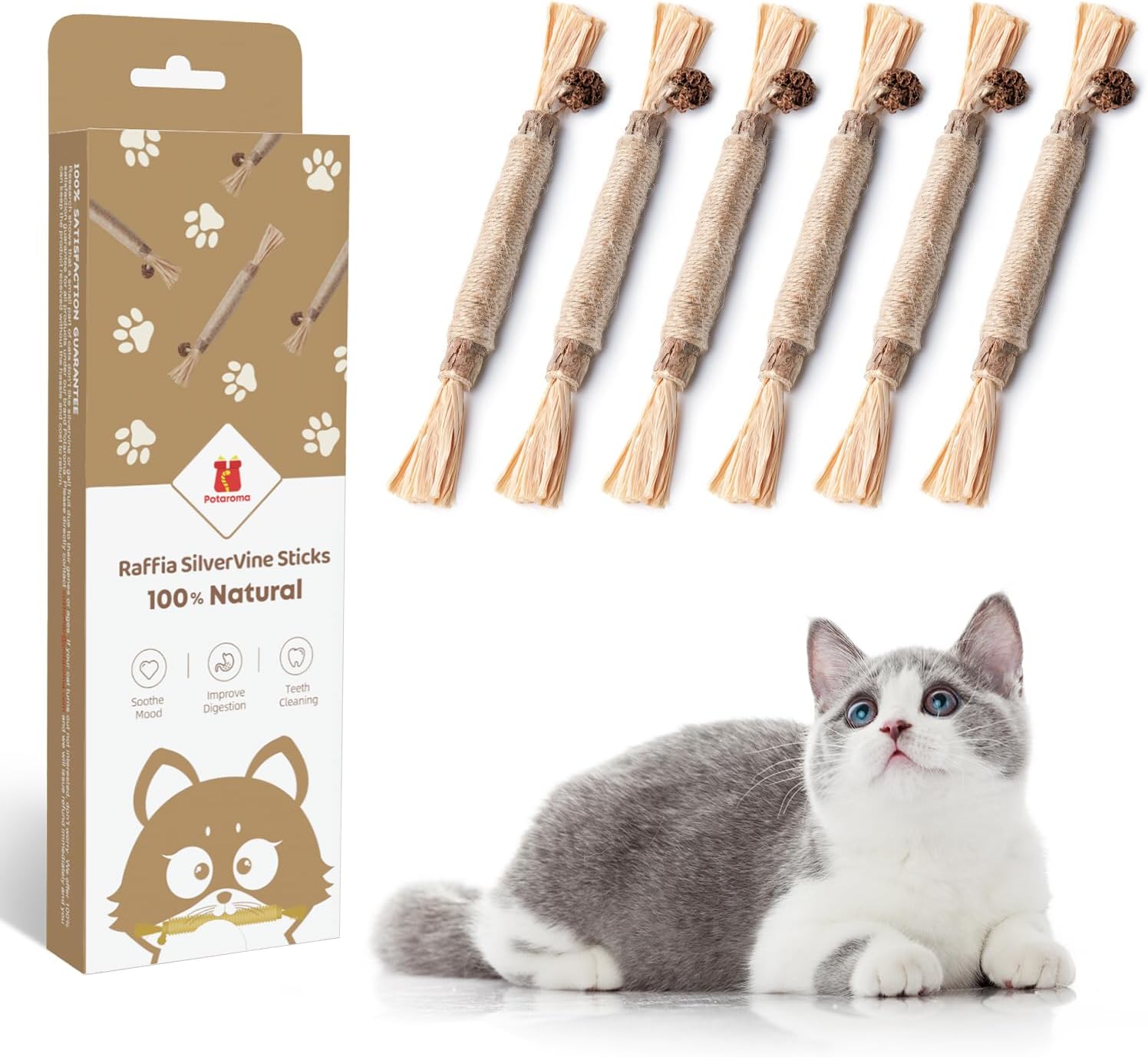 Potaroma 6 Pcs Natural Silvervine Sticks Cat Toys, Catmint Silvervine Blend Stic...