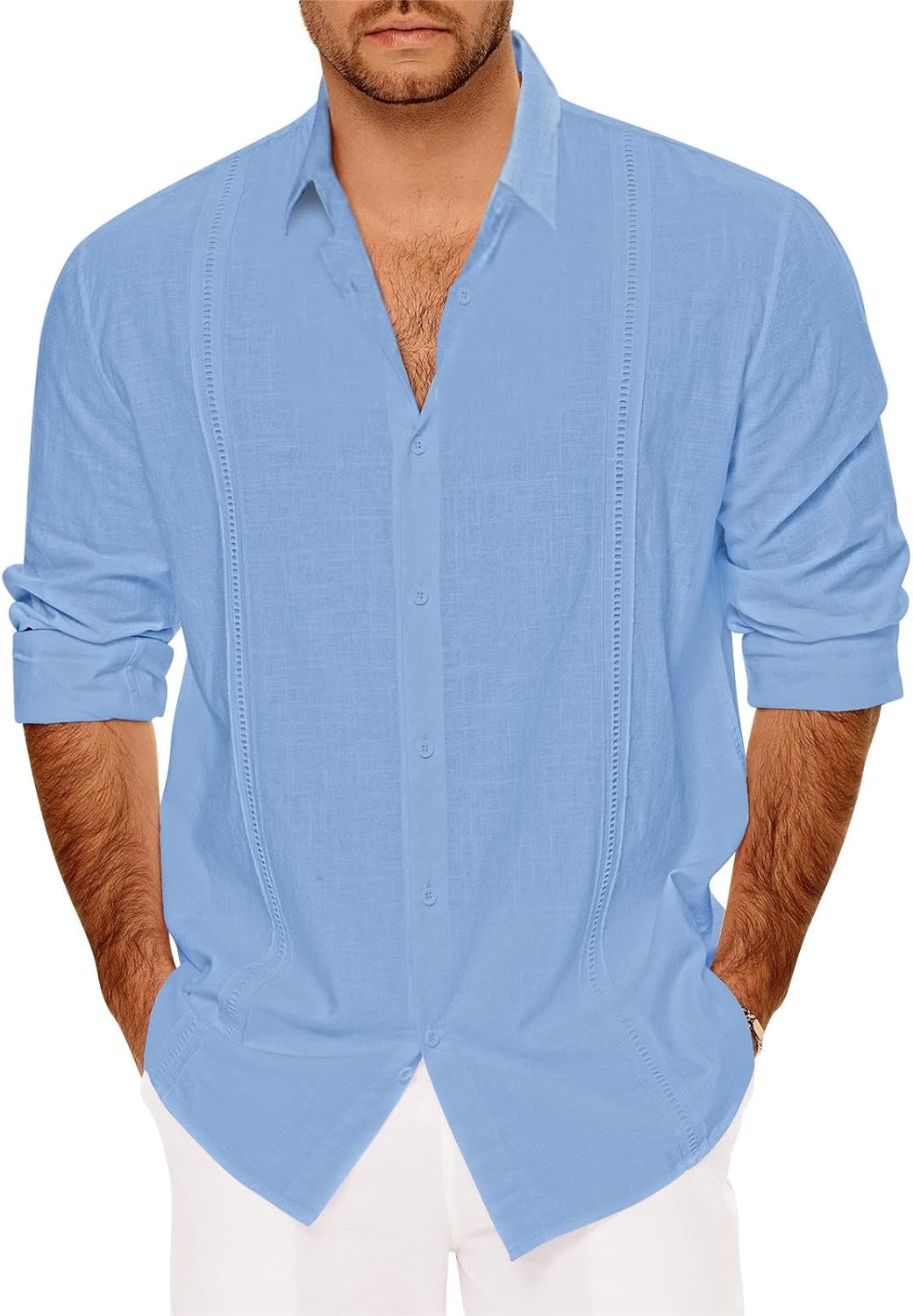 Mens Casual Long Sleeve Cotton Linen Shirts Buttons Down Solid Plain Roll-Up Sle...