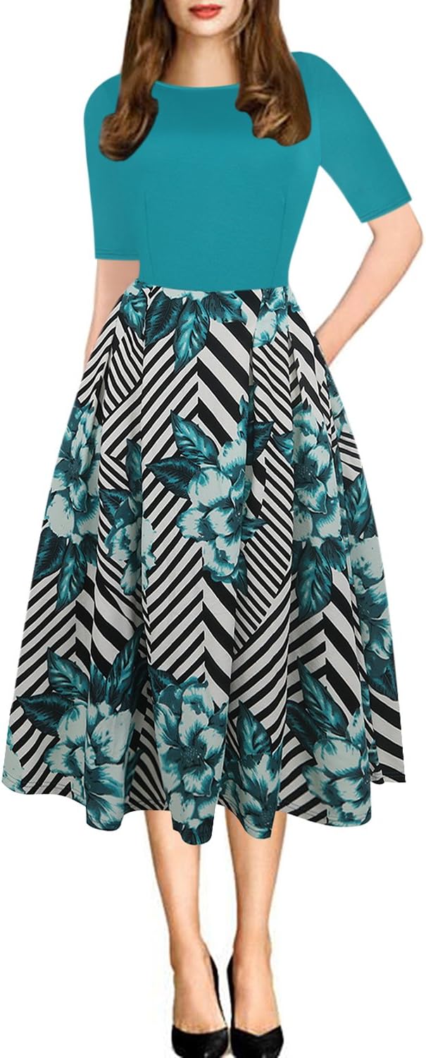 oxiuly Women's Vintage Patchwork Pockets Puffy Swing Casual Party Dress OX165 Gr...