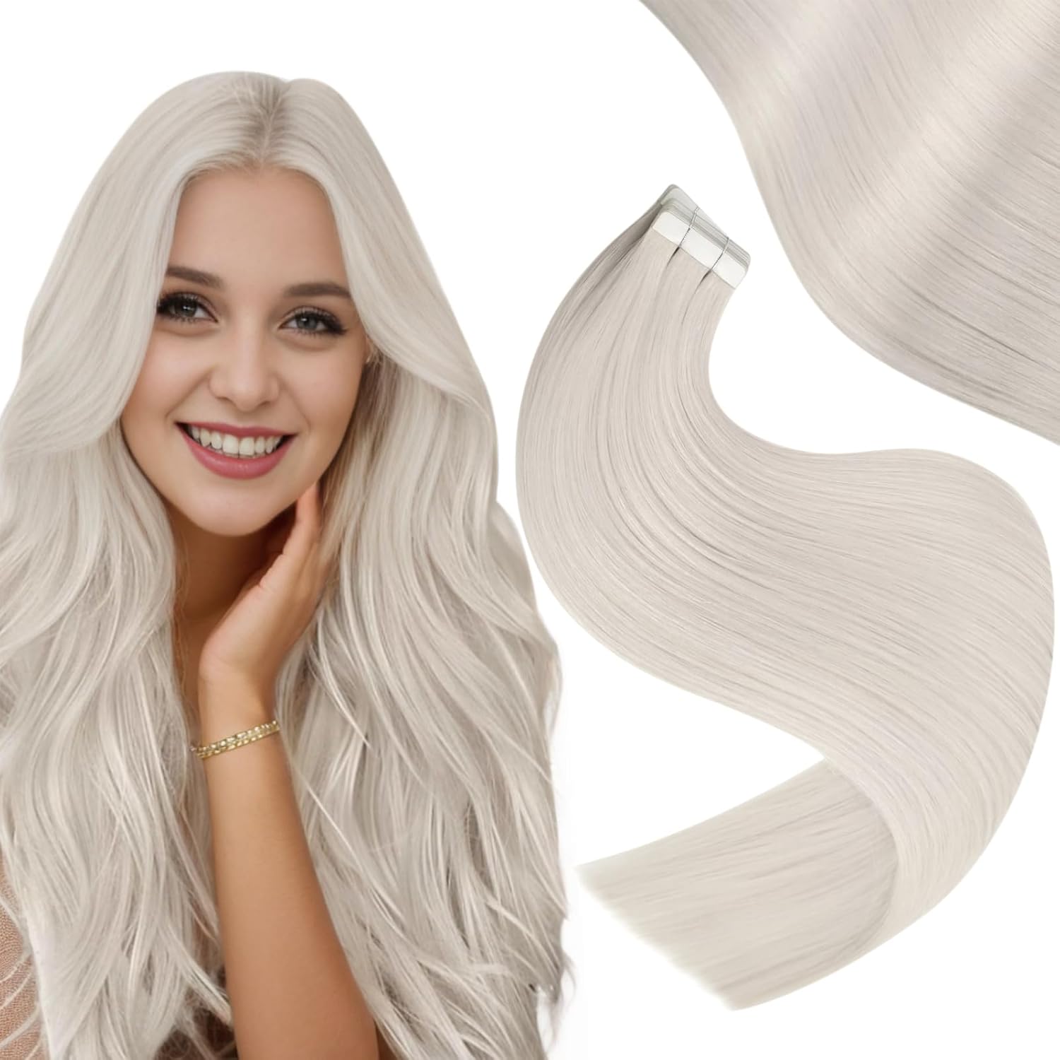 Easyouth 22Inch Tape in Hair Extensions Human Hair White Blonde Tape in Human Ha...