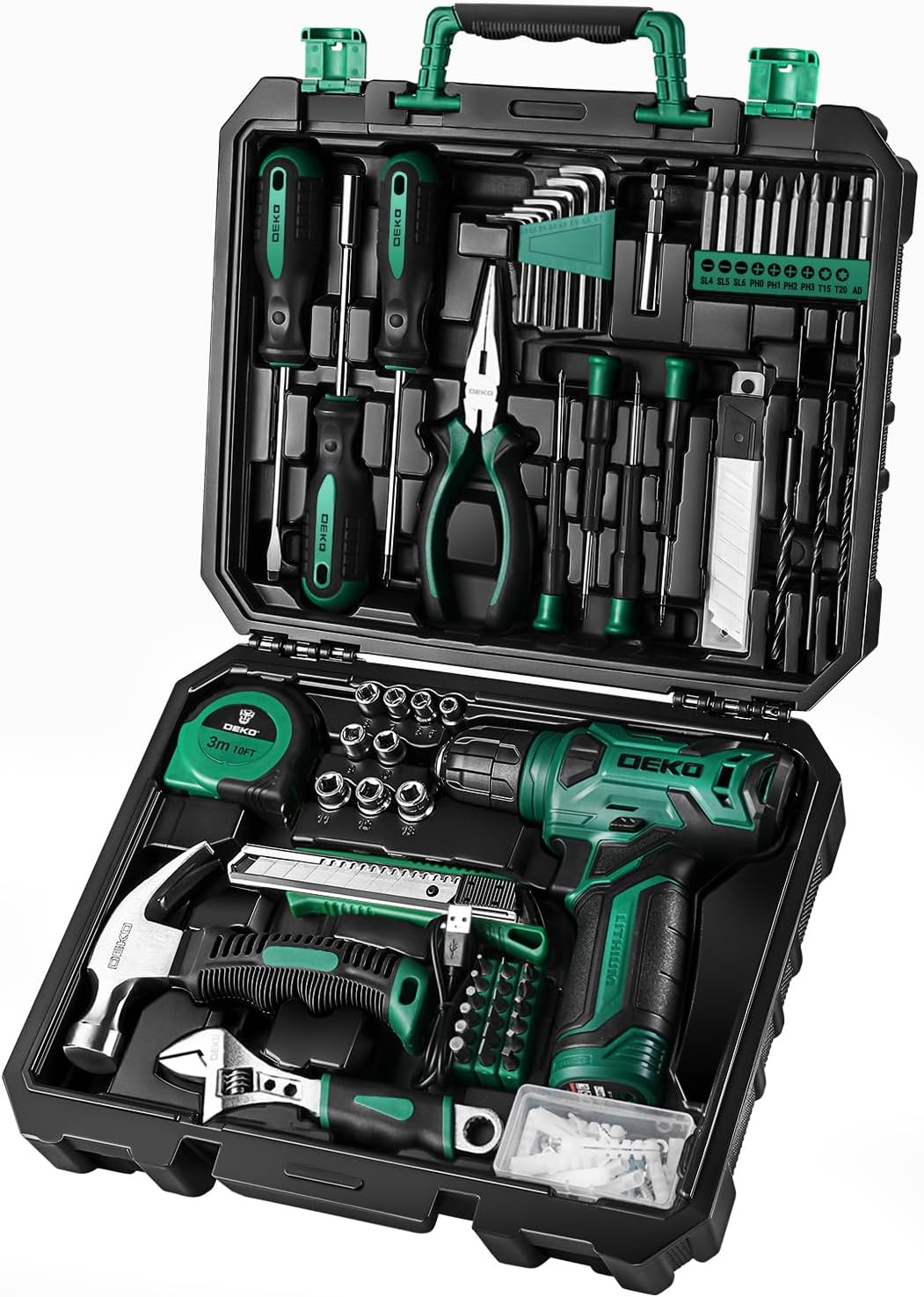 DEKOPRO Drill Set: Tool Set with 8V Green Cordless Drill, Home Tool Kit with Dri...