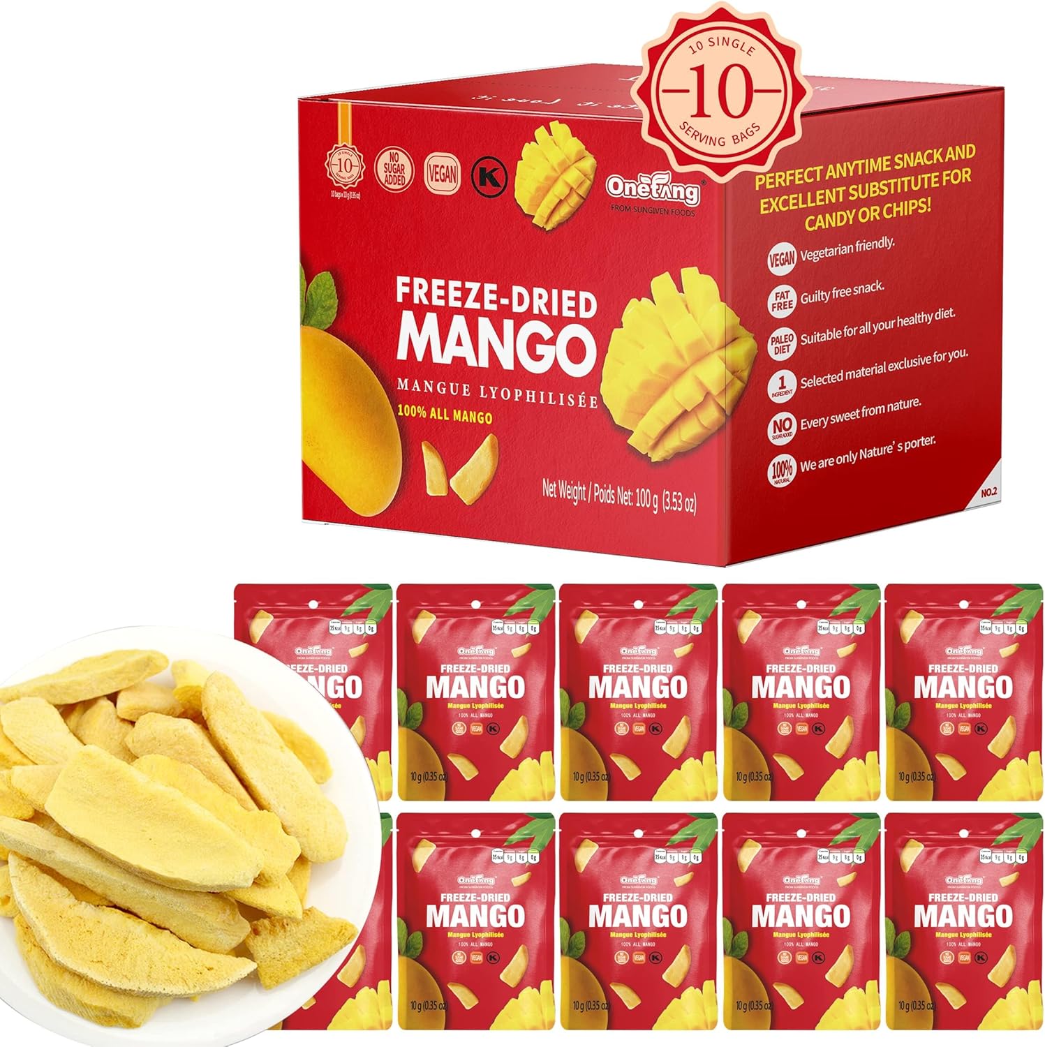 ONETANG Freeze-Dried Fruit Mango Chips, 10 Pack Single-Serve Pack, Non GMO, Kosh...