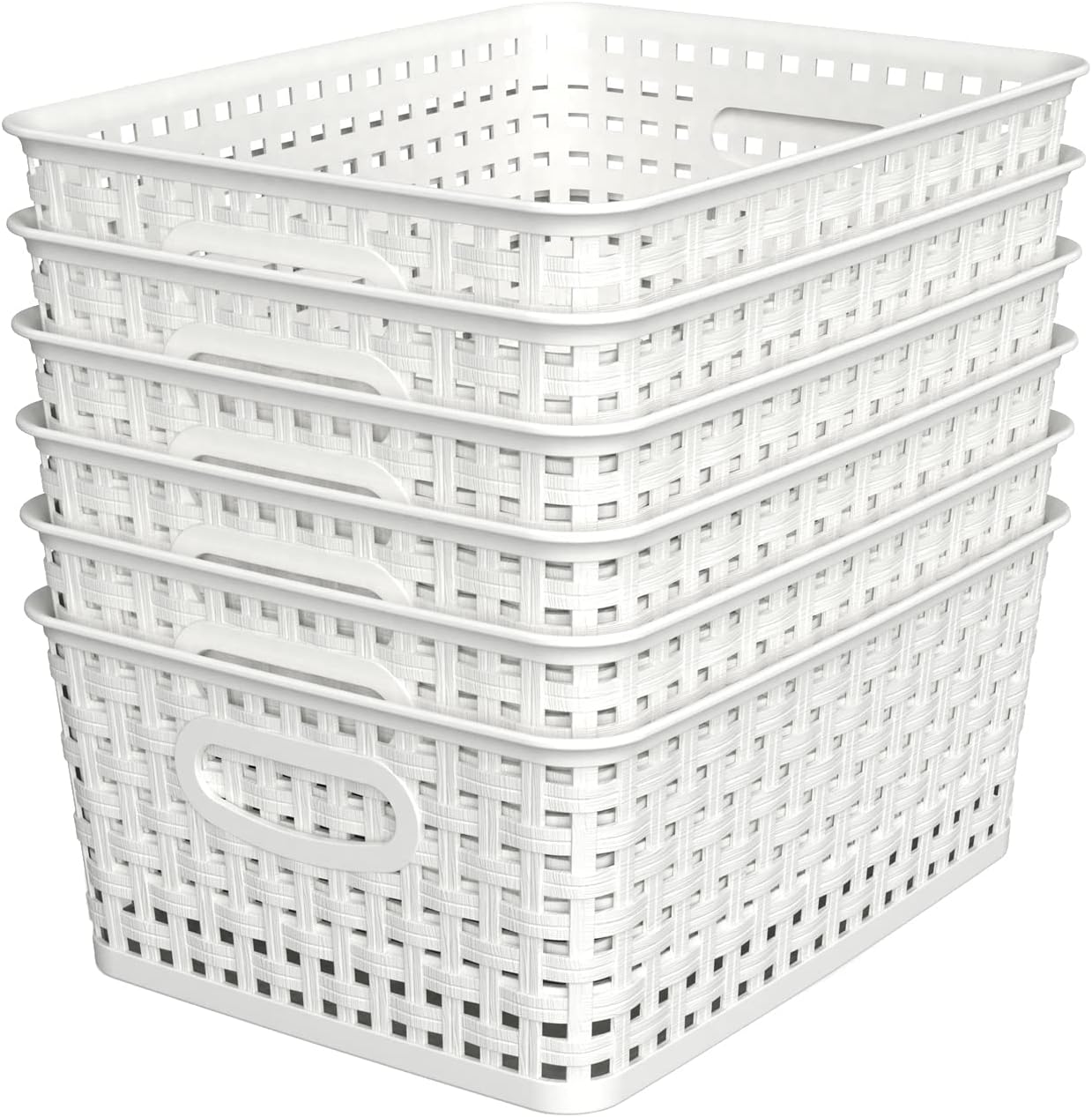 Woven Plastic Storage Baskets, 6 Pack White Weave Bins Organizer, 10.1" x 7.55"...