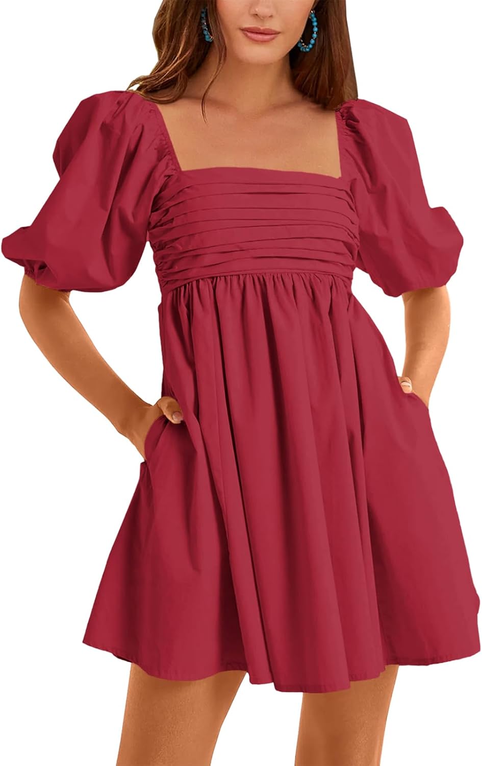 Ebifin Womens Square Neck Dresses Half Puff Sleeve High Waist A-Line Casual Back...