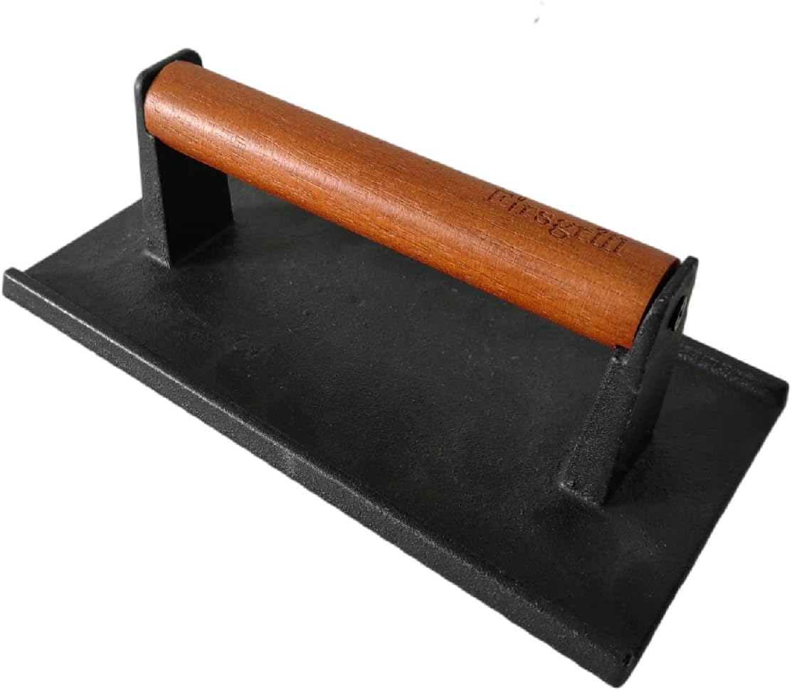 8.3"×4.3" Heavy-duty Cast Iron Grill Burger Press and Meat Steak with Wood Handl...