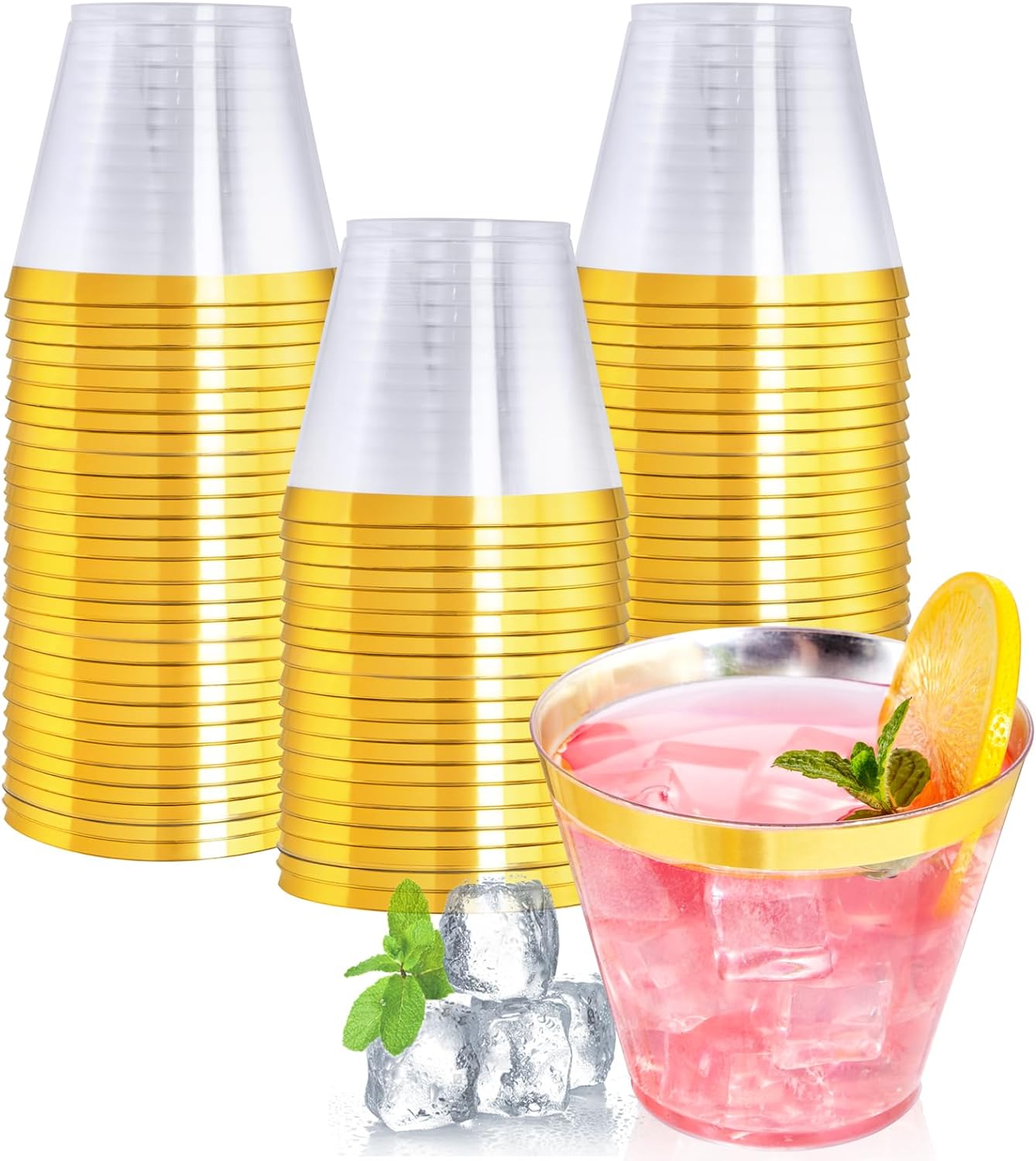 I00000 60 PCS Gold Plastic Cups,9 oz Clear Plastic Cups with Gold Trim, Heavy-Du...
